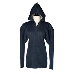 Navy blue Pleated top with hood and zip Pleats Please 