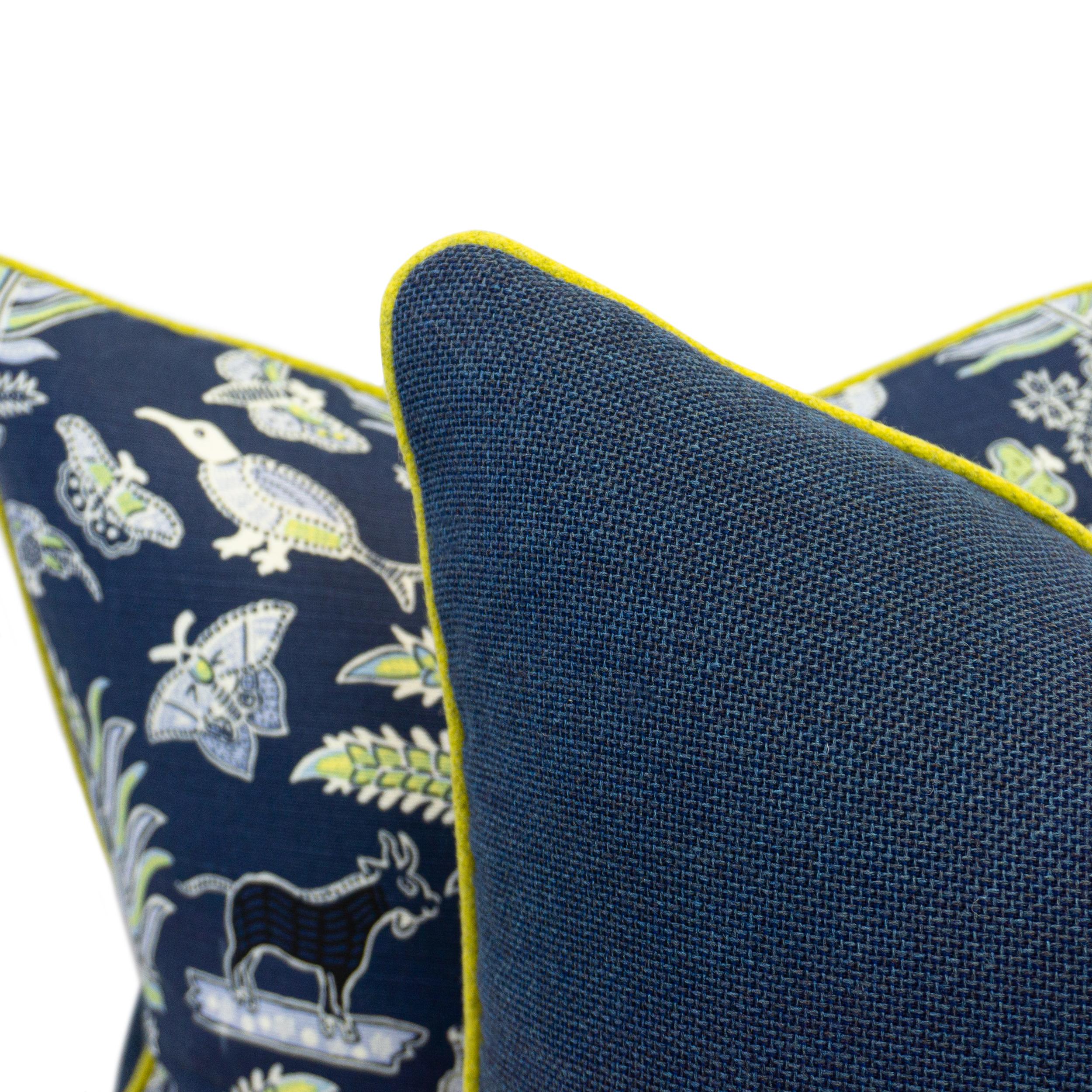 Contemporary Navy Blue Printed Linen Fabric with Yellow Trim Square Pillows For Sale