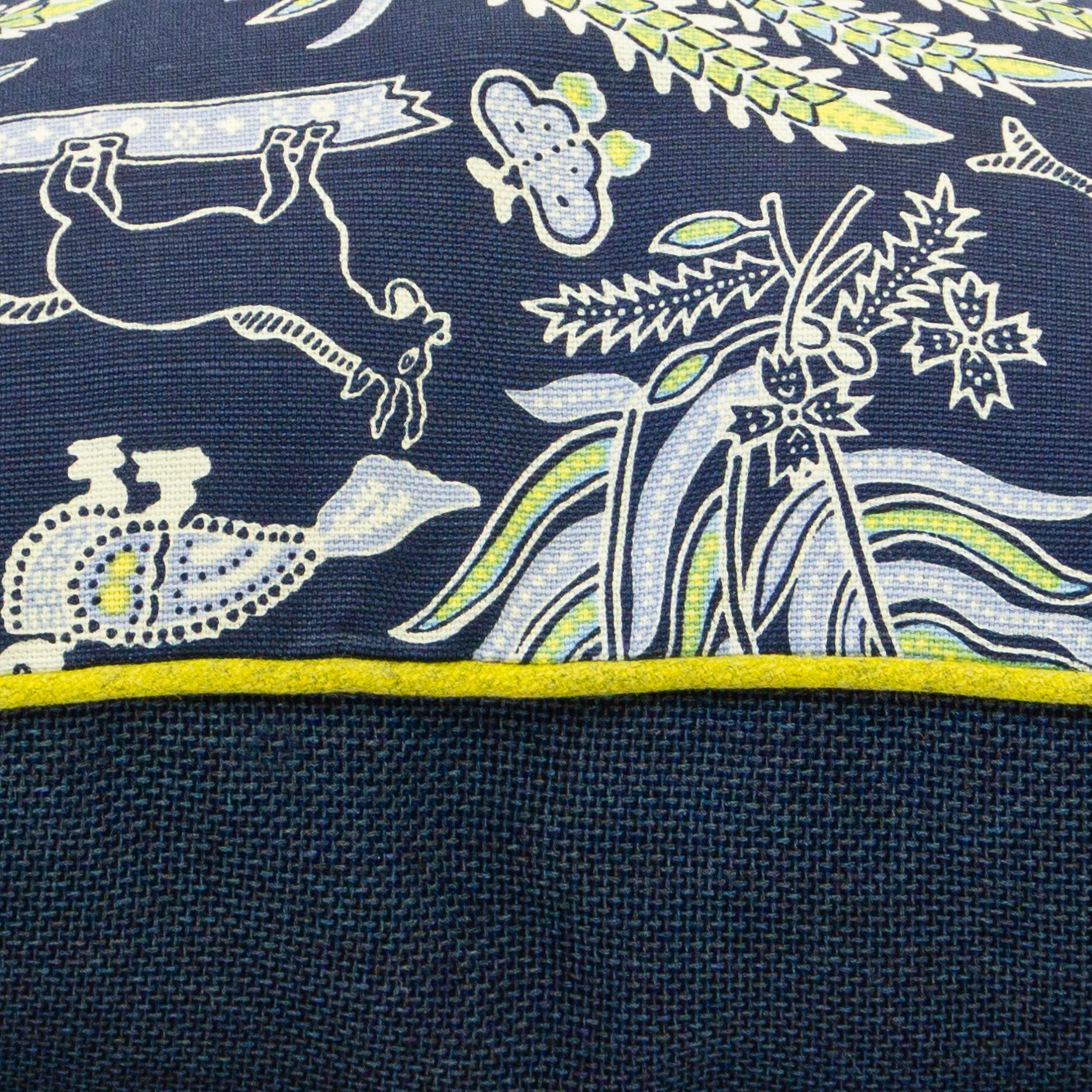 Cotton Navy Blue Printed Linen Fabric with Yellow Trim Square Pillows For Sale