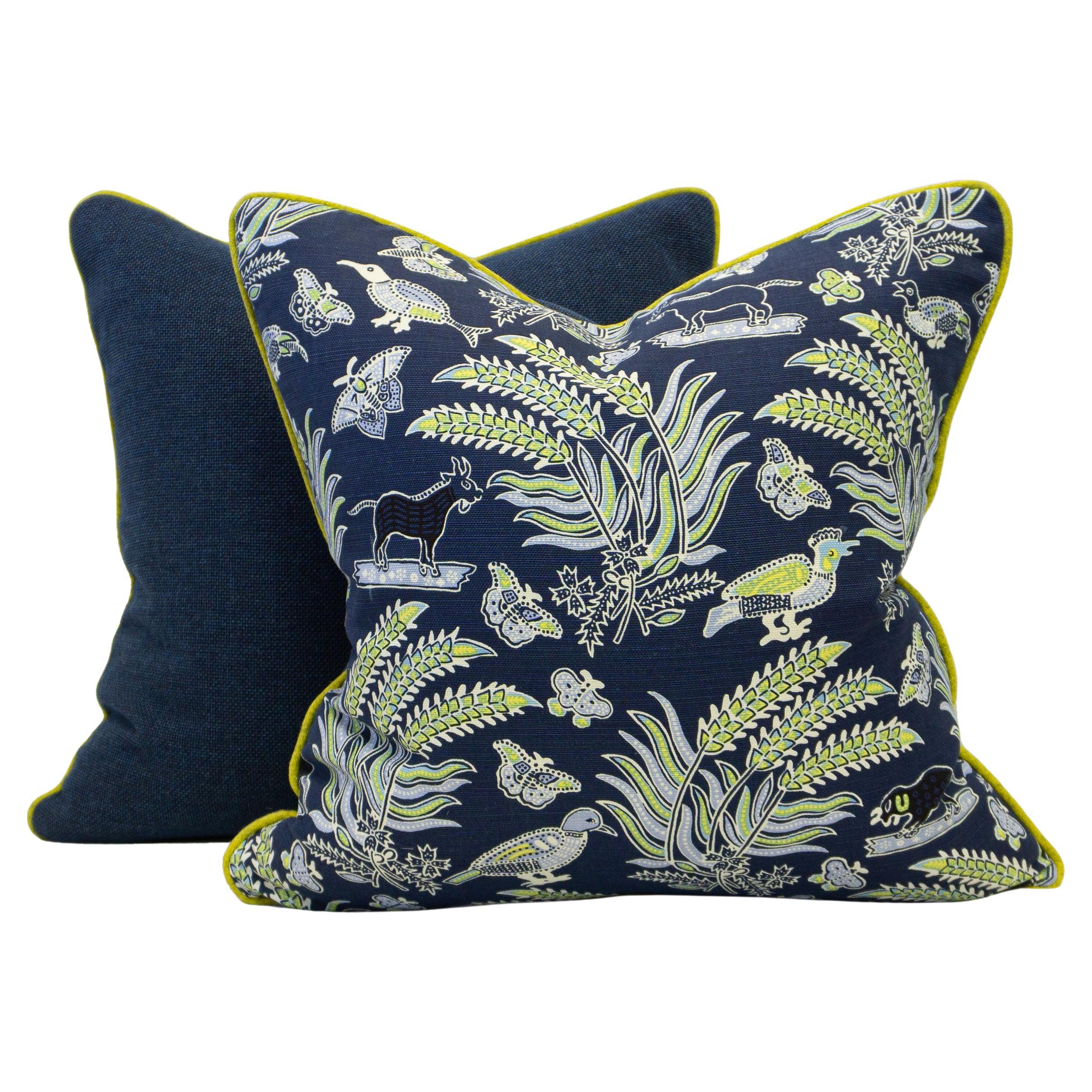 Navy Blue Printed Linen Fabric with Yellow Trim Square Pillows For Sale