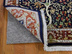 Navy Blue Pure Silk Persian Qum Signed 600 KPSI Tree Of Life Hand Knotted