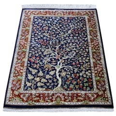 Navy Blue Pure Silk Persian Qum Signed 600 KPSI Tree Of Life Hand Knotted