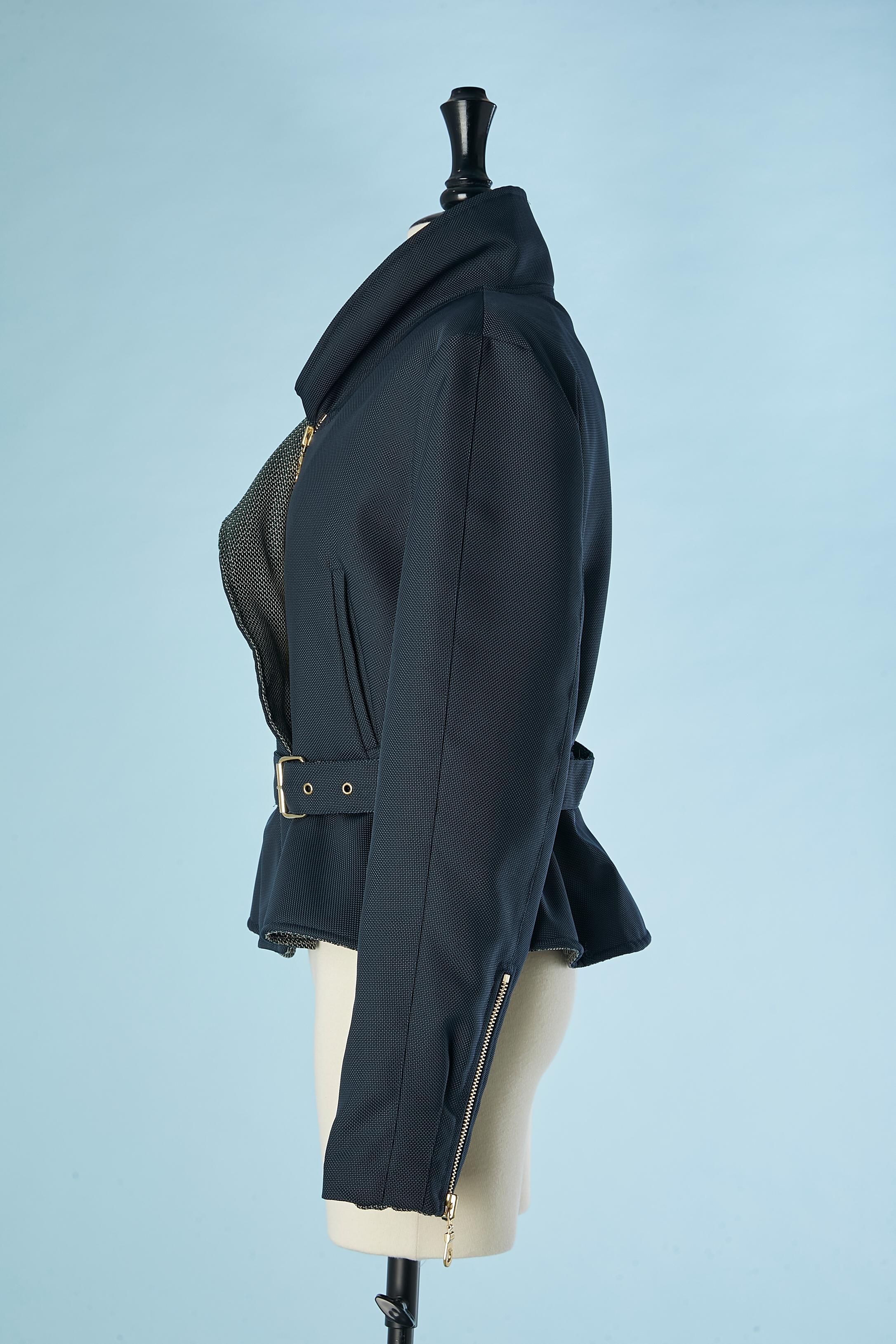 Women's Navy blue quilted jacket with collar in different fabric and belt Kenzo  For Sale