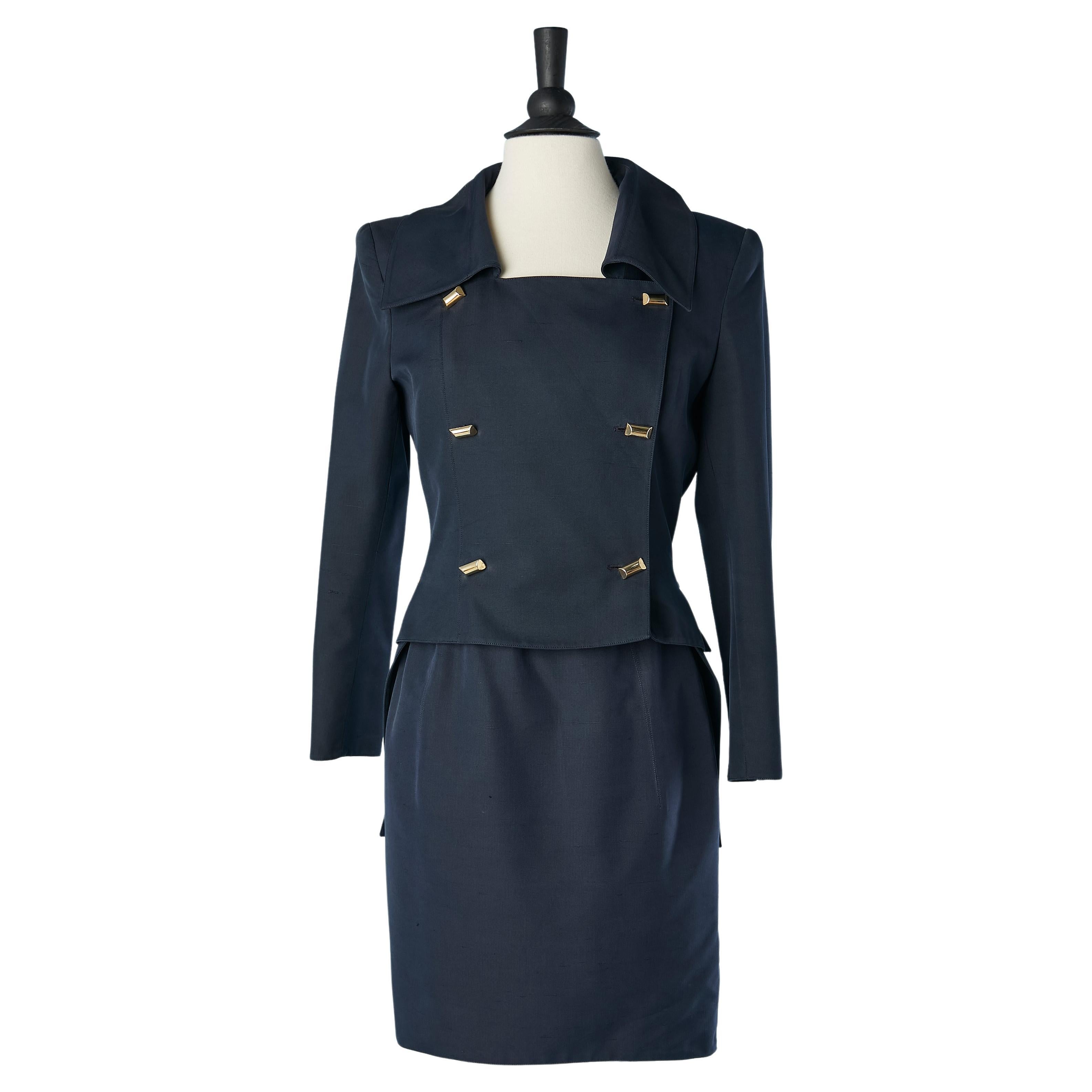 Navy-blue raw silk and cotton cocktail ensemble with gold metal buttons Montana For Sale