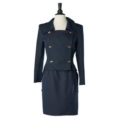 Navy-blue raw silk and cotton cocktail ensemble with gold metal buttons Montana