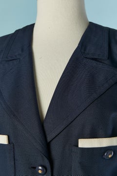 Navy blue raw silk skirt suit with white cotton details CHANEL Boutique