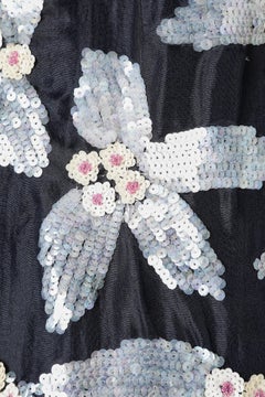 Navy blue rayon evening gown with sequins and beads flower embroidery André Laug