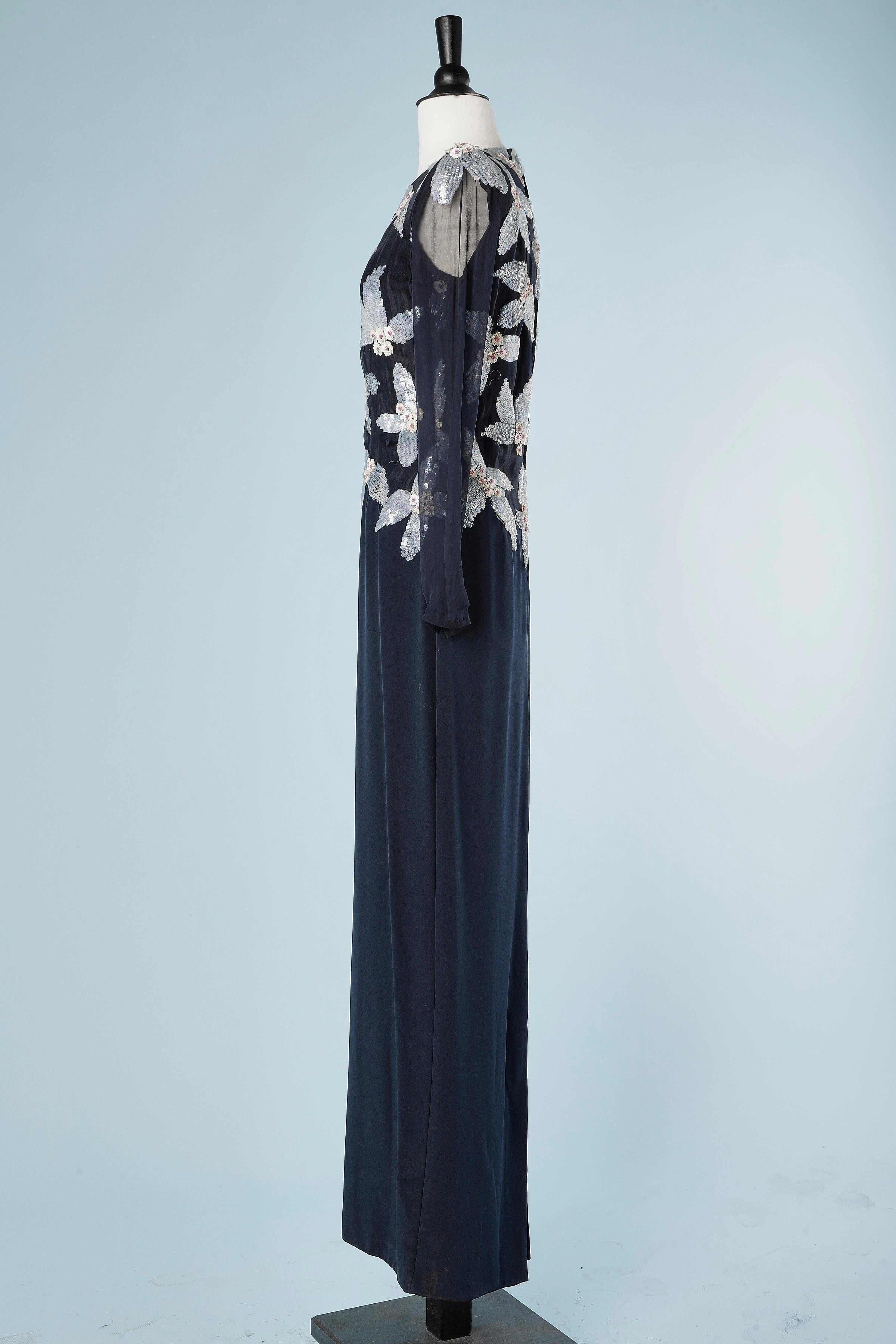 Vestido de noche azul marino de rayón con bordado floral de lentejuelas y cuentas André Laug en Excelente estado para la venta en Saint-Ouen-Sur-Seine, FR
