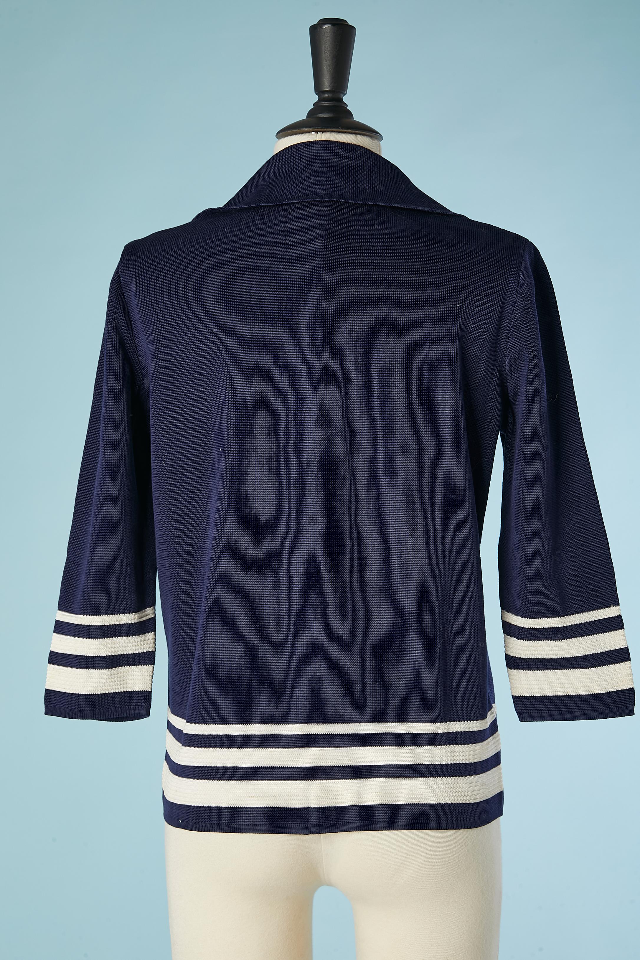 Women's Navy blue rayon knit polo-shirt with white stripes Jeanne Lanvin Castillo 