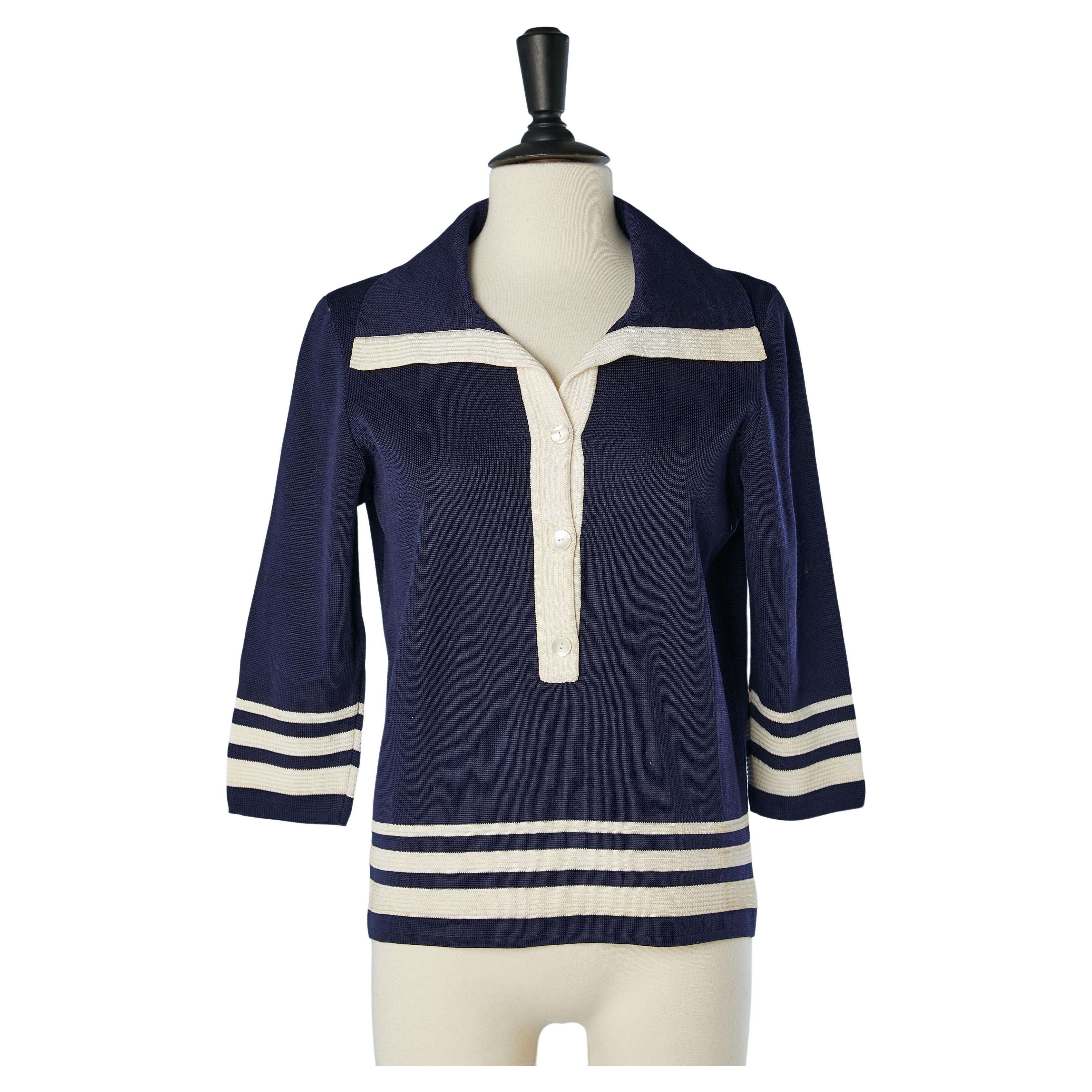 Navy blue rayon knit polo-shirt with white stripes Jeanne Lanvin Castillo 