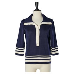 Retro Navy blue rayon knit polo-shirt with white stripes Jeanne Lanvin Castillo 