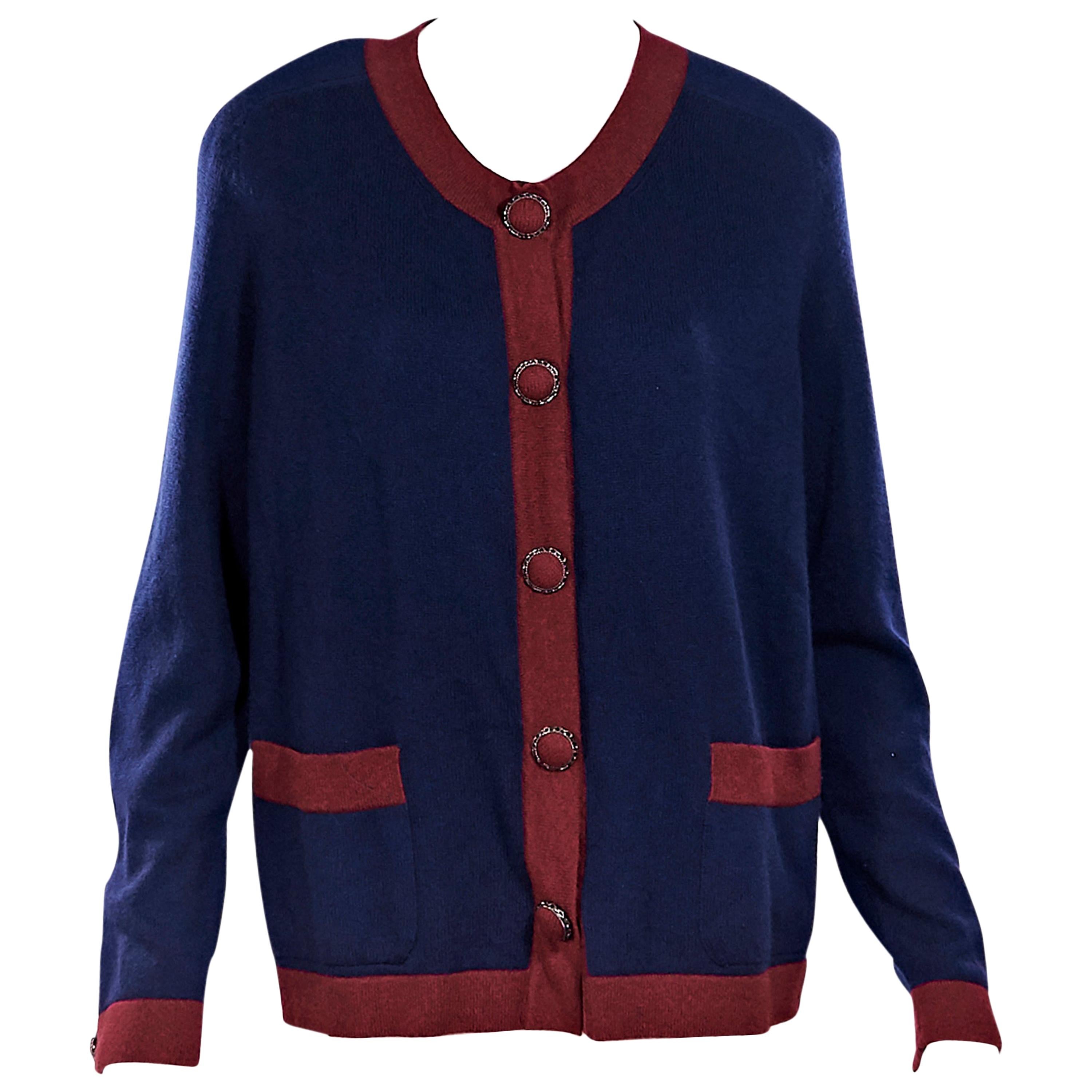 Navy Blue & Red Chanel Cashmere Cardigan