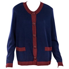 Navy Blue & Red Chanel Cashmere Cardigan