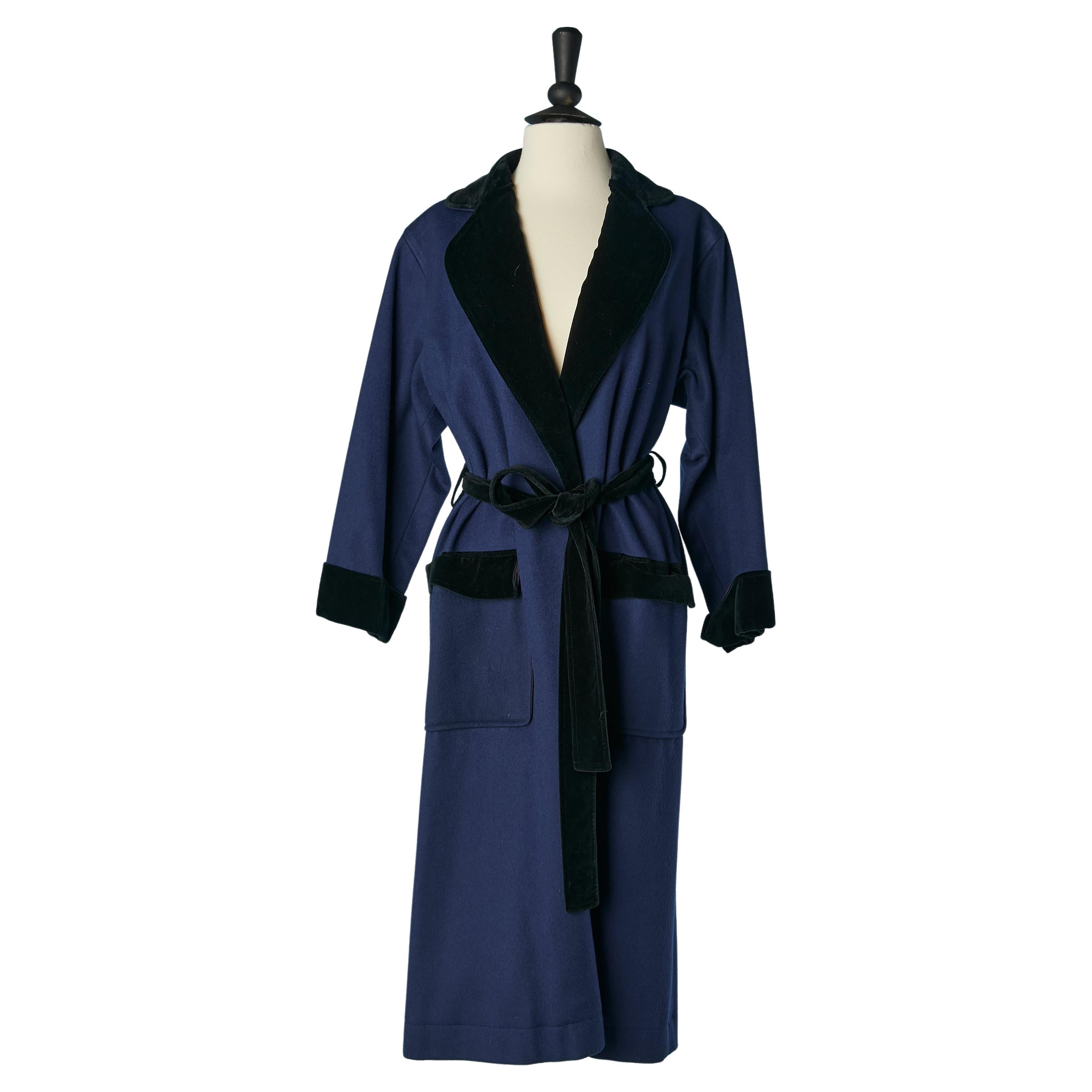 Navy blue Robe-coat with black velvet details Saint Laurent Rive Gauche  For Sale