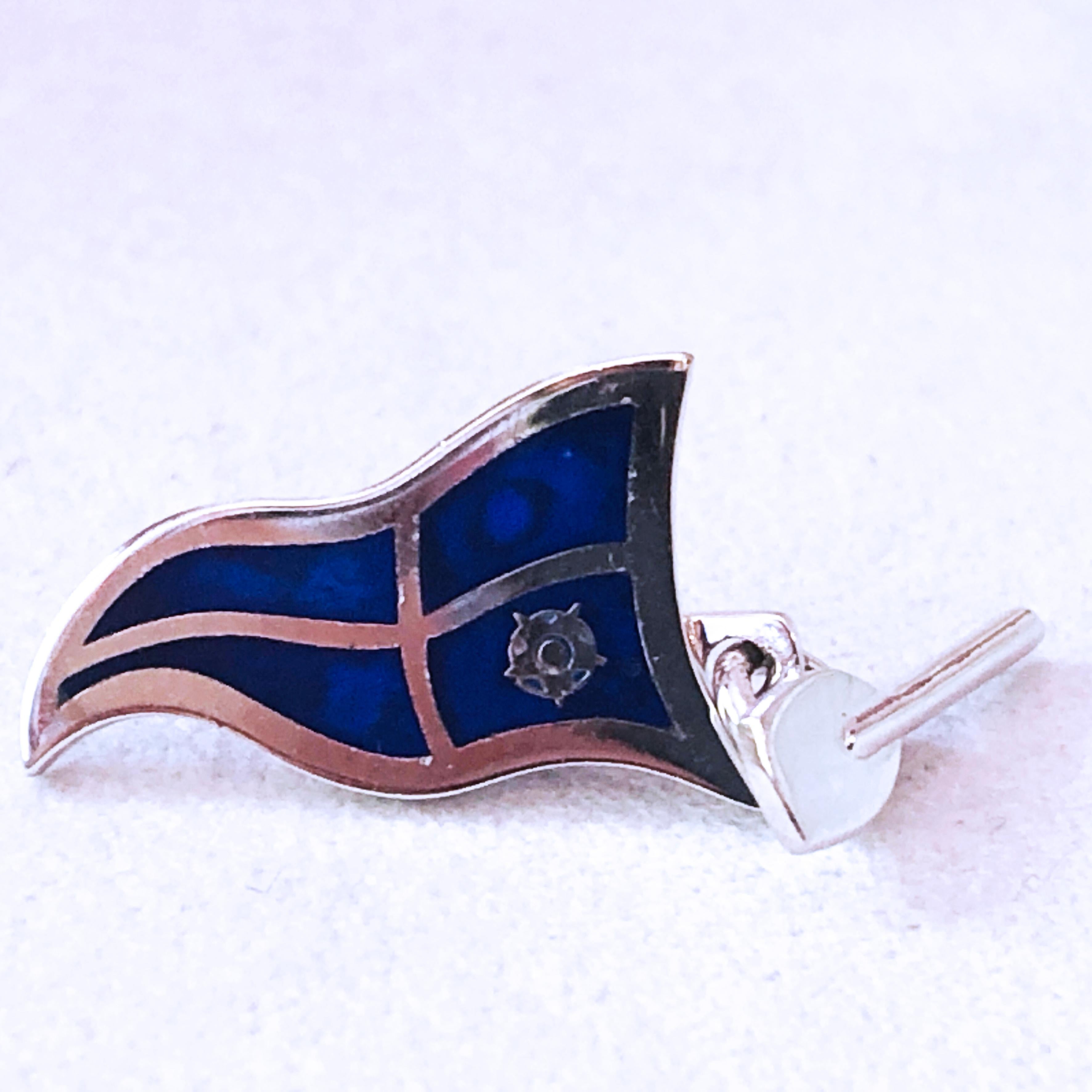 Contemporary Berca Navy Blue Sailing Flag Little Oar Back Sterling Silver Cufflinks For Sale