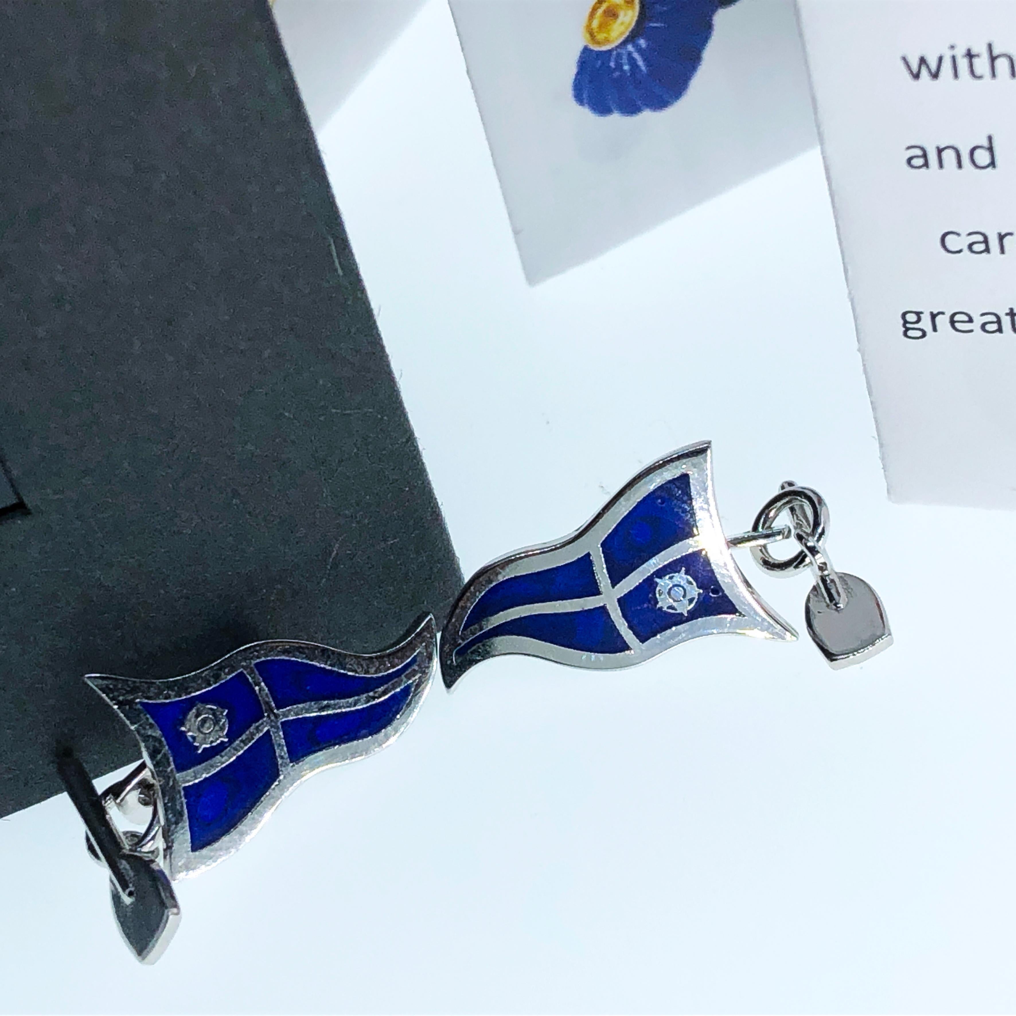 Berca Navy Blue Sailing Flag Little Oar Back Sterling Silver Cufflinks In New Condition For Sale In Valenza, IT