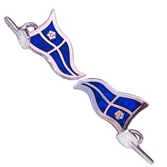 Used Berca Navy Blue Sailing Flag Little Oar Back Sterling Silver Cufflinks