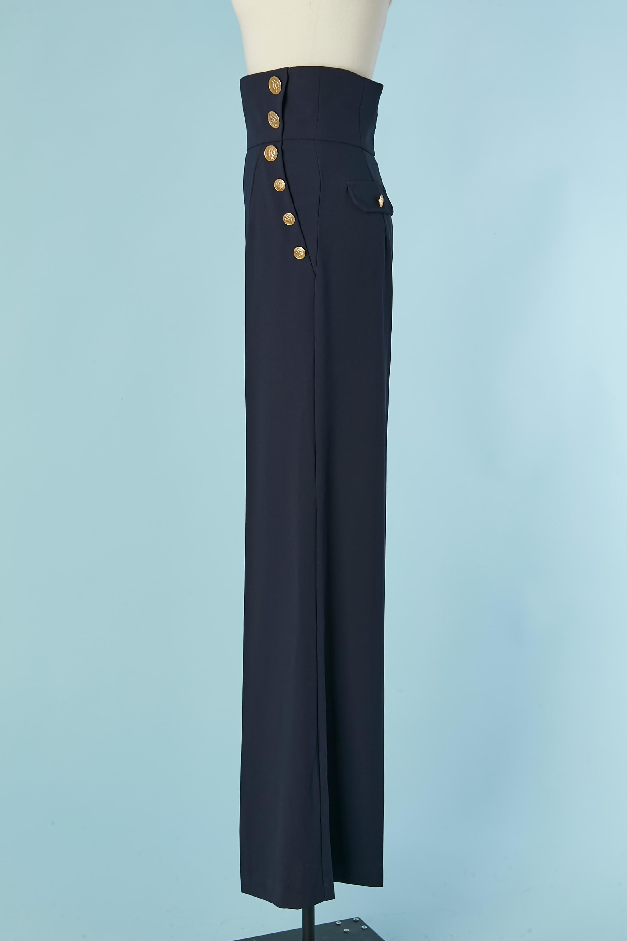 Pantaloni alla marinara blu navy con bottone in metallo dorato Elisabetta Franchi In condizioni ottime in vendita a Saint-Ouen-Sur-Seine, FR