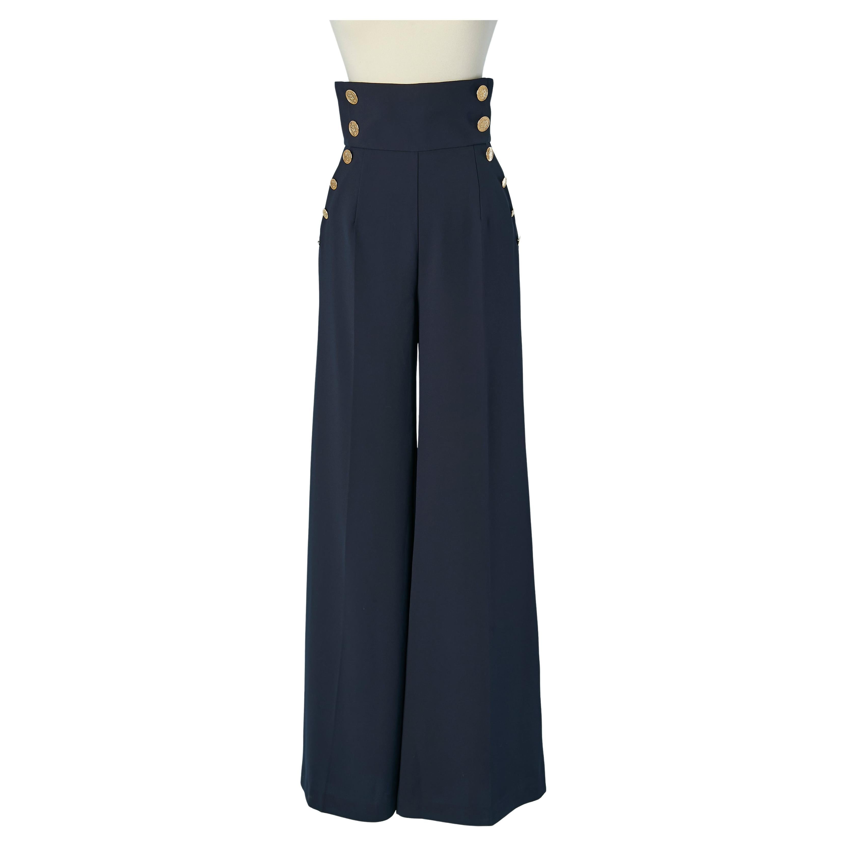 Pantaloni alla marinara blu navy con bottone in metallo dorato Elisabetta Franchi in vendita