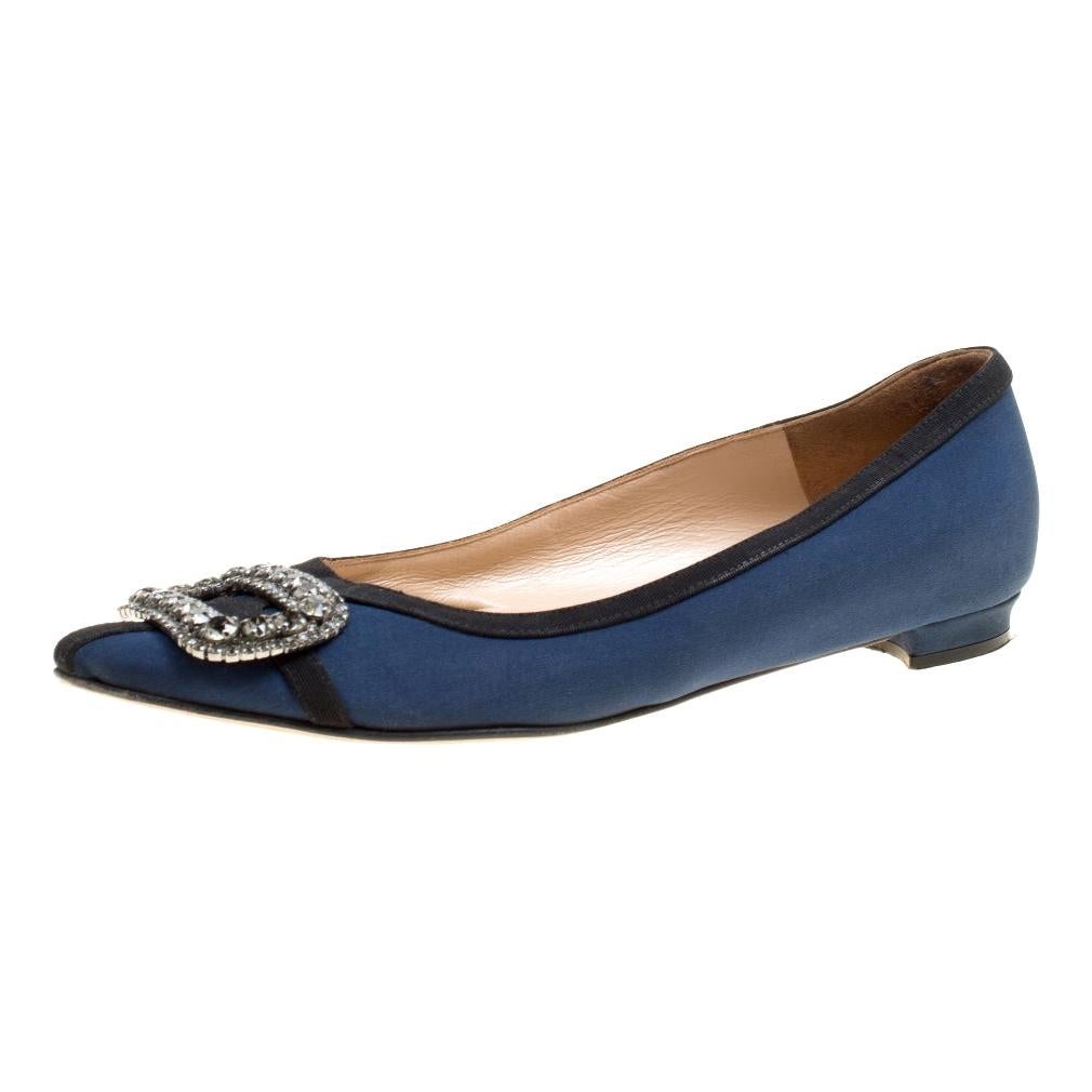 Navy Blue Satin Gotrian Crystal Embellished Pointed Toe Flats Size 36.5