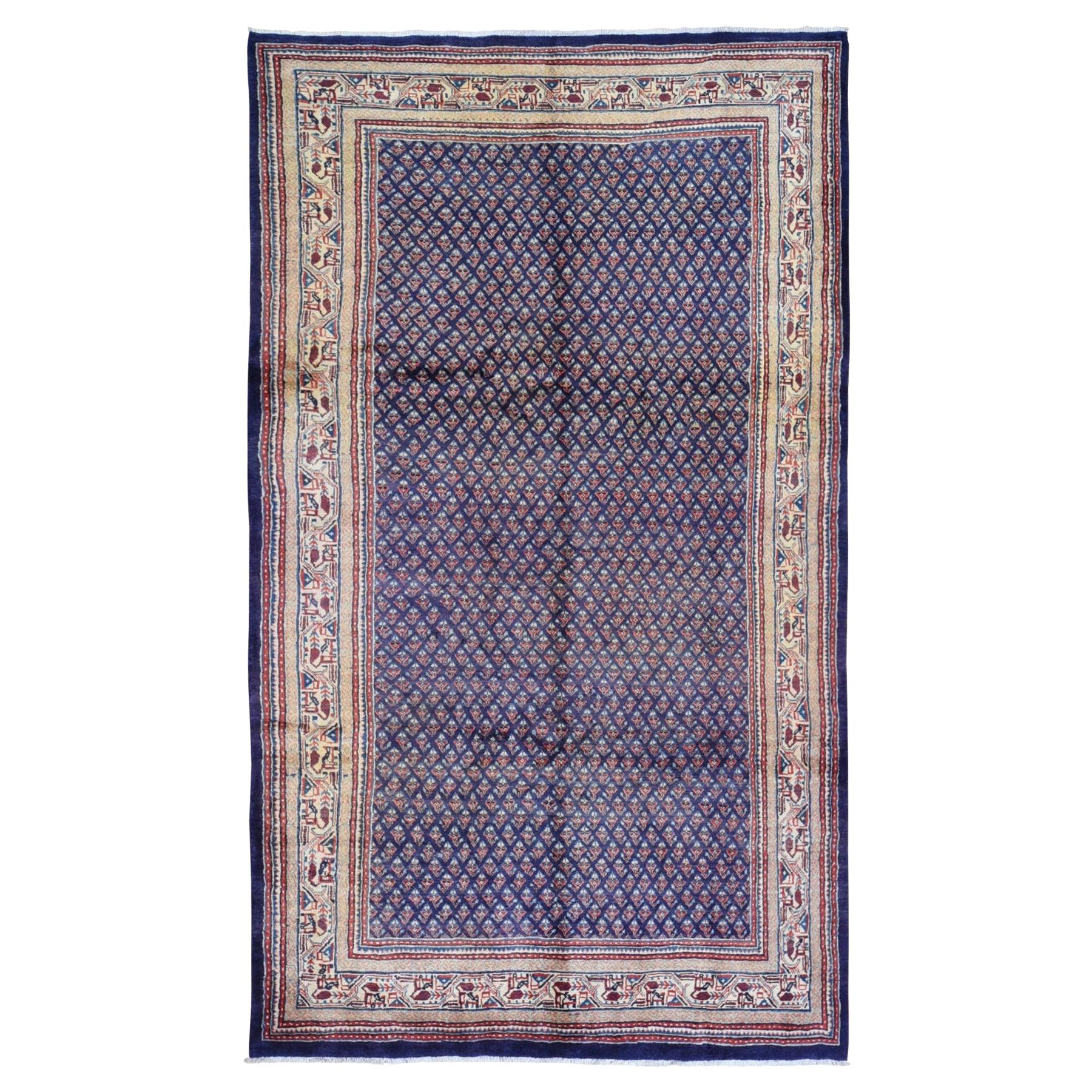 Navy Blue Semi Antique Seraband Botteh Wide Runner Oriental Rug For Sale