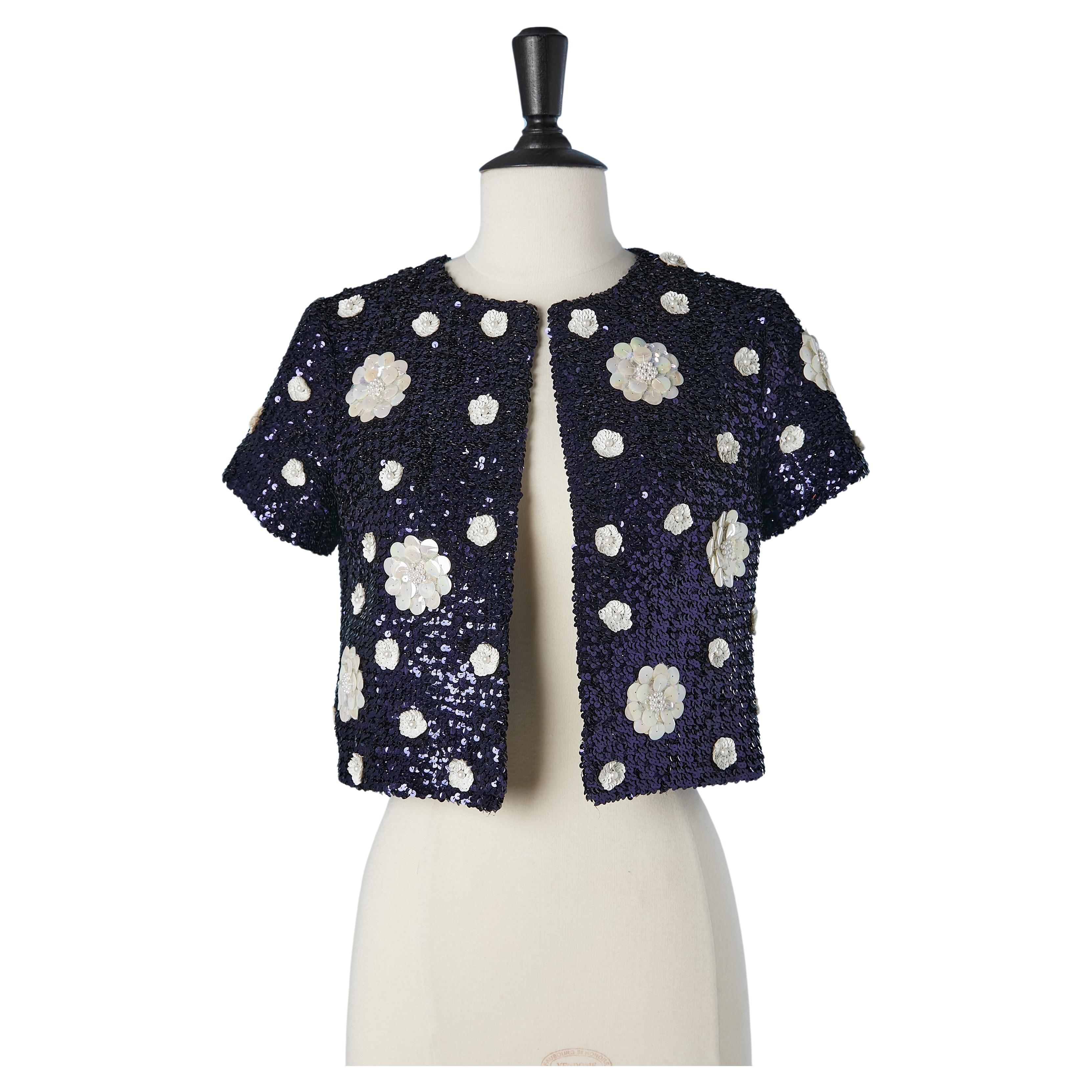 Navy blue sequin boléro with white sequin flowers L 'Atelier Circa 1960's  For Sale