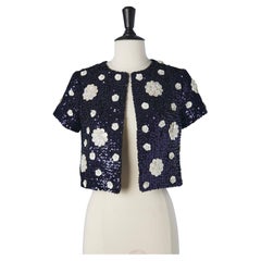 Navy blue sequin boléro with white sequin flowers L 'Atelier Circa 1960's 