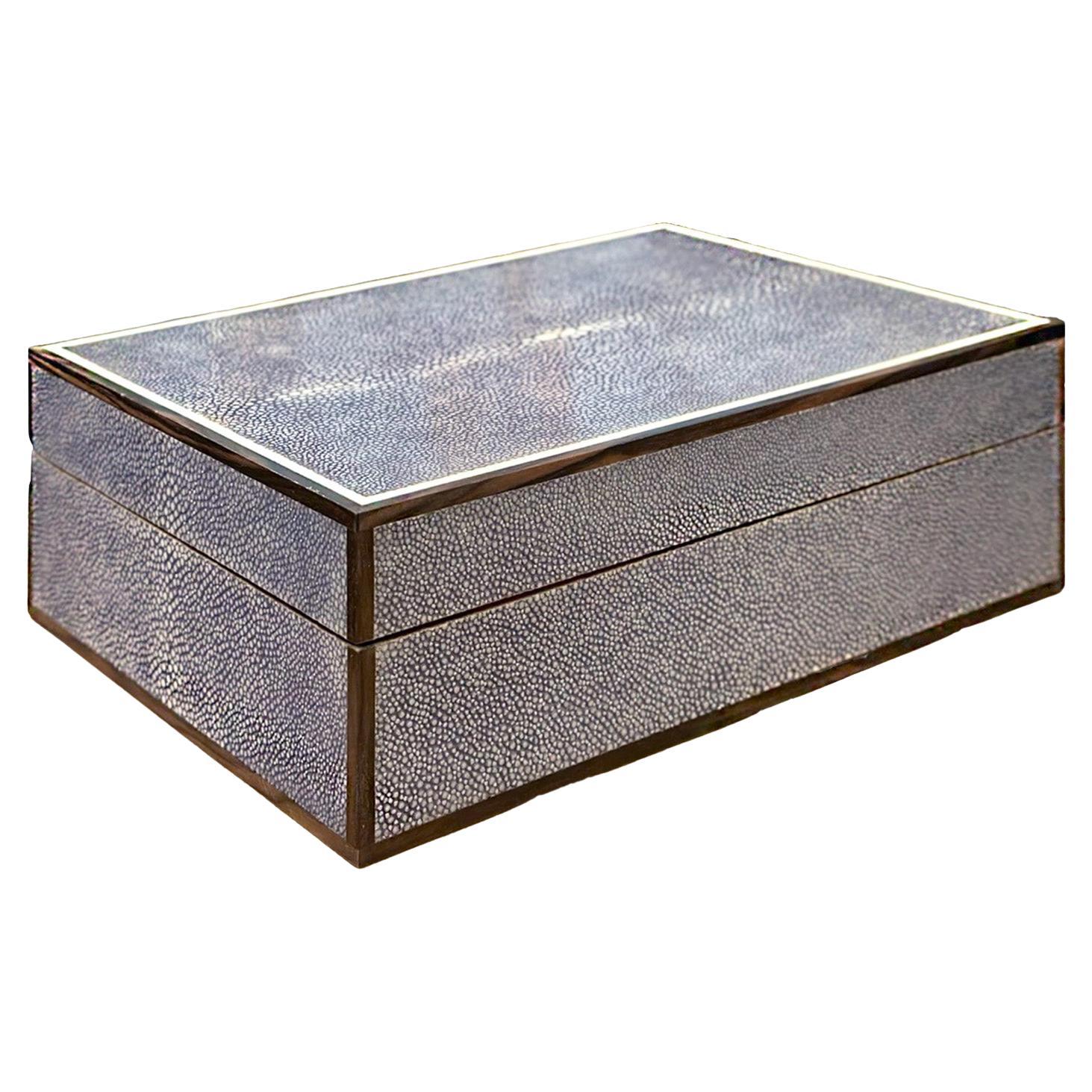 Navy Blue Shagreen & Macassar Ebony Box with Bone Inlay