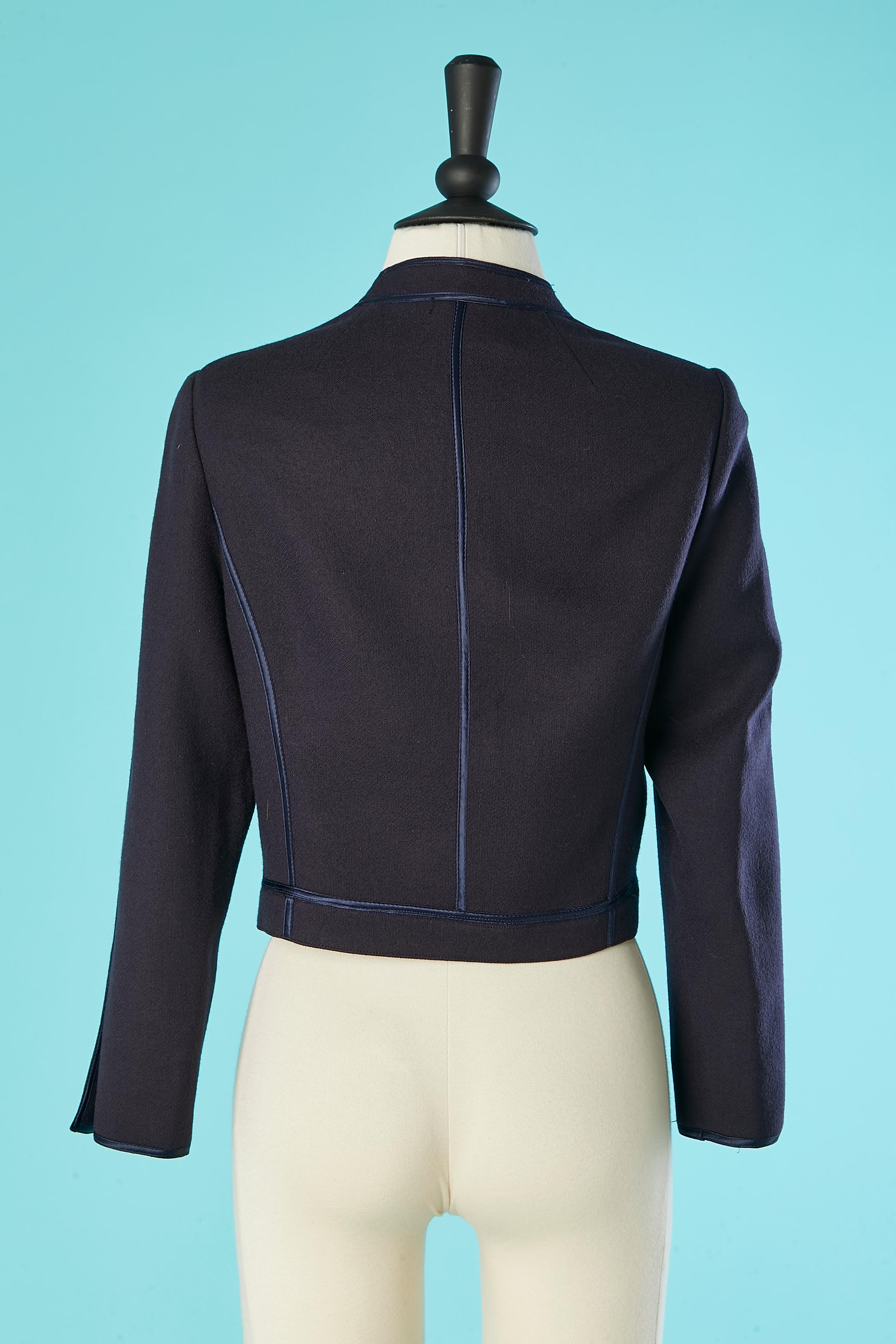 Women's Navy blue short jacket in wool with satin ribbon piping Louis Féraud  For Sale