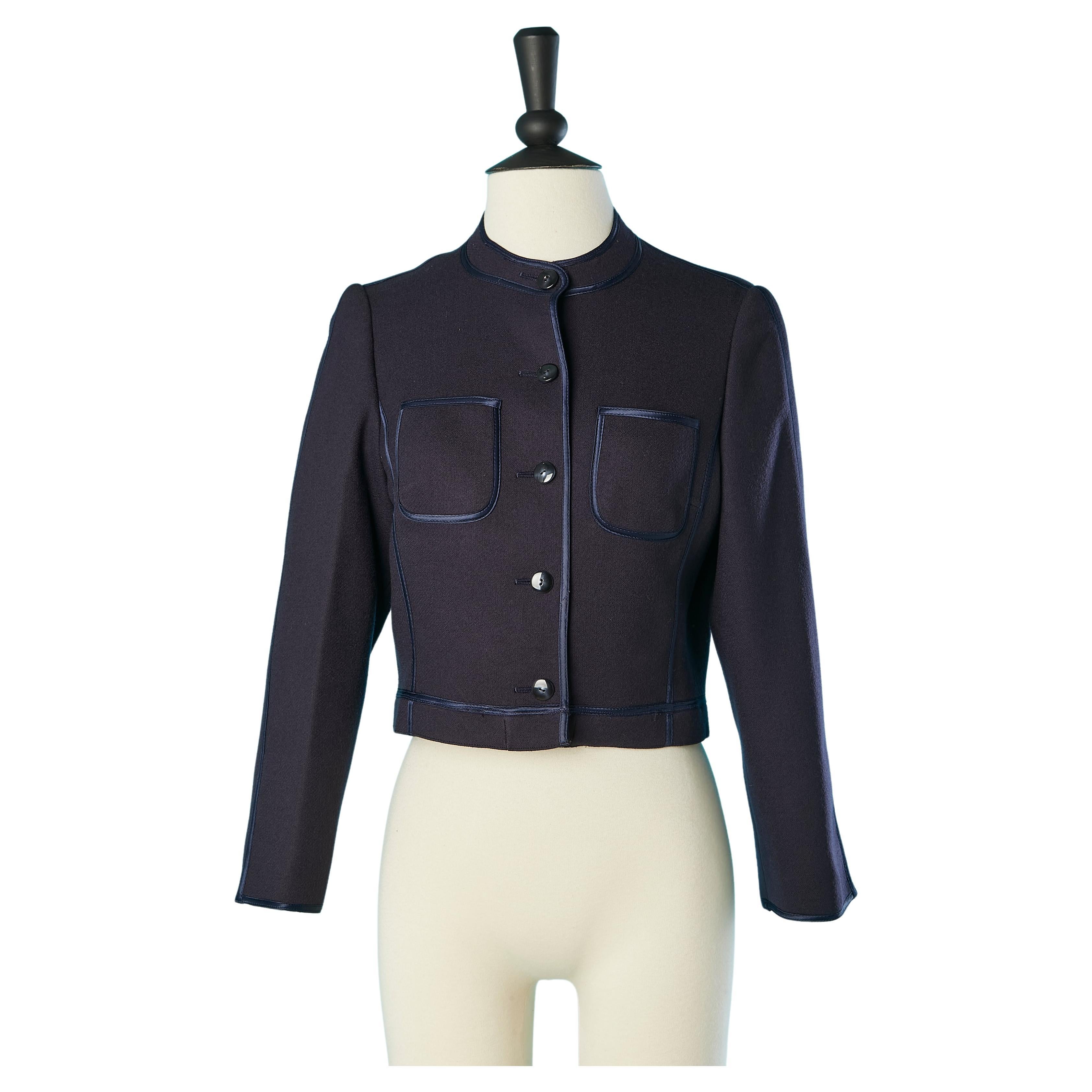 Navy blue short jacket in wool with satin ribbon piping Louis Féraud  For Sale