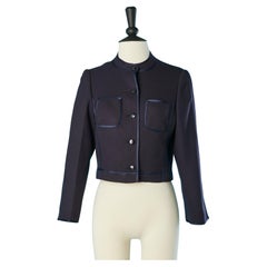 Retro Navy blue short jacket in wool with satin ribbon piping Louis Féraud 
