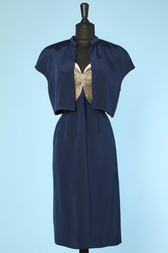 Abito bustier in seta blu navy con perline  ricamato e bolero Mila Shon