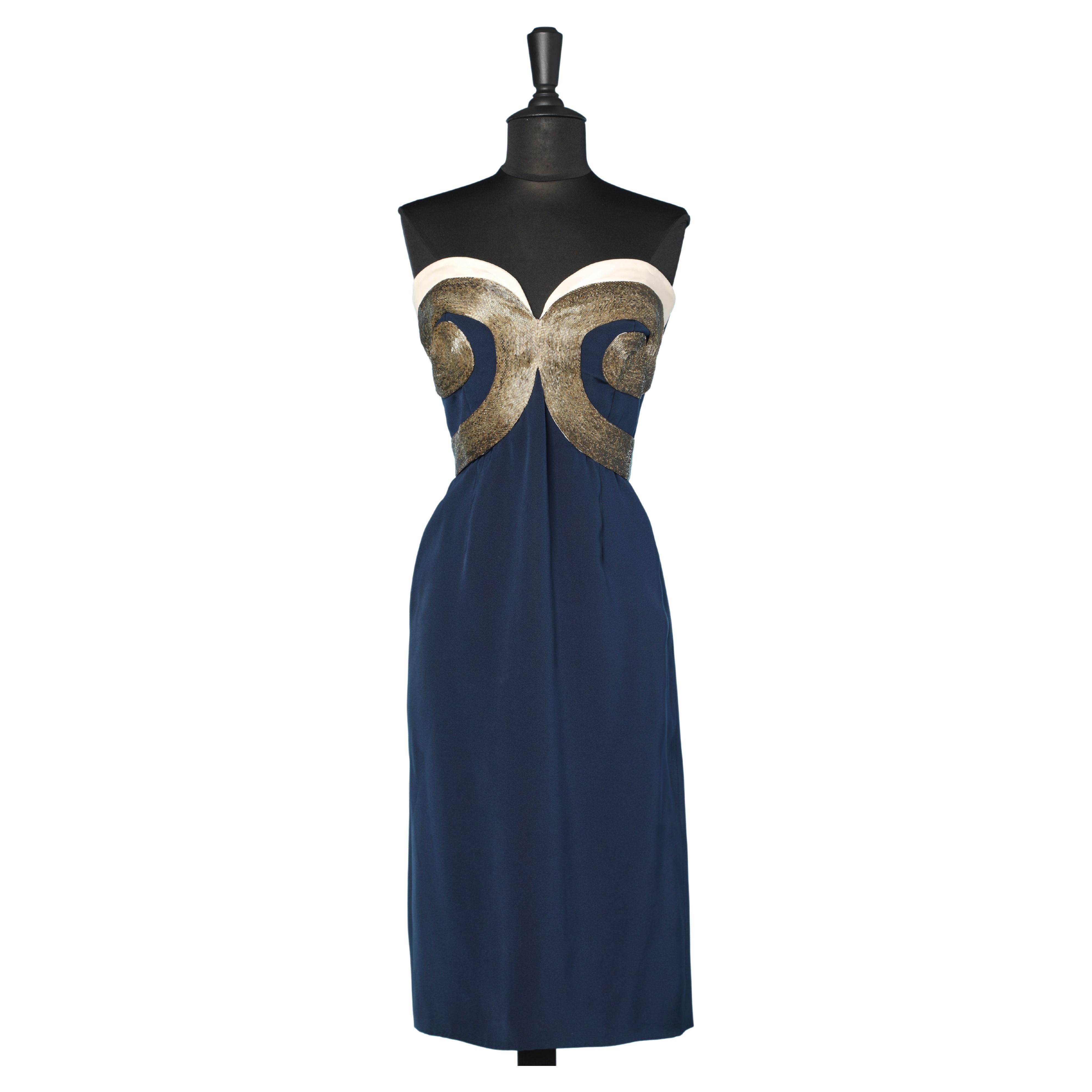 Navy Blue silk bustier dress with beads  embroidered and bolero Mila Shon For Sale