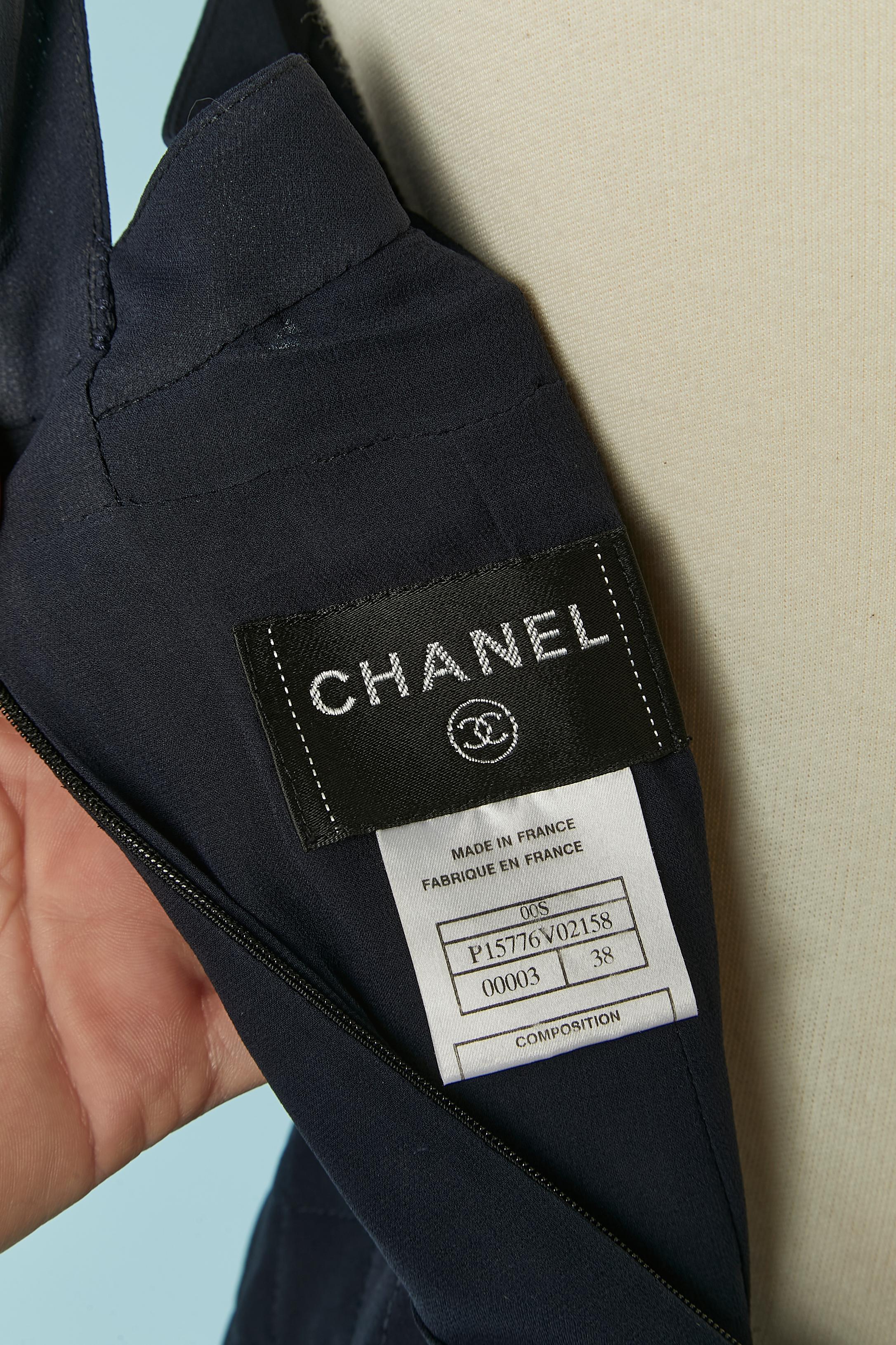 Navy blue silk chiffon cocktail dress pleated and top-stitched CHANEL For Sale 5