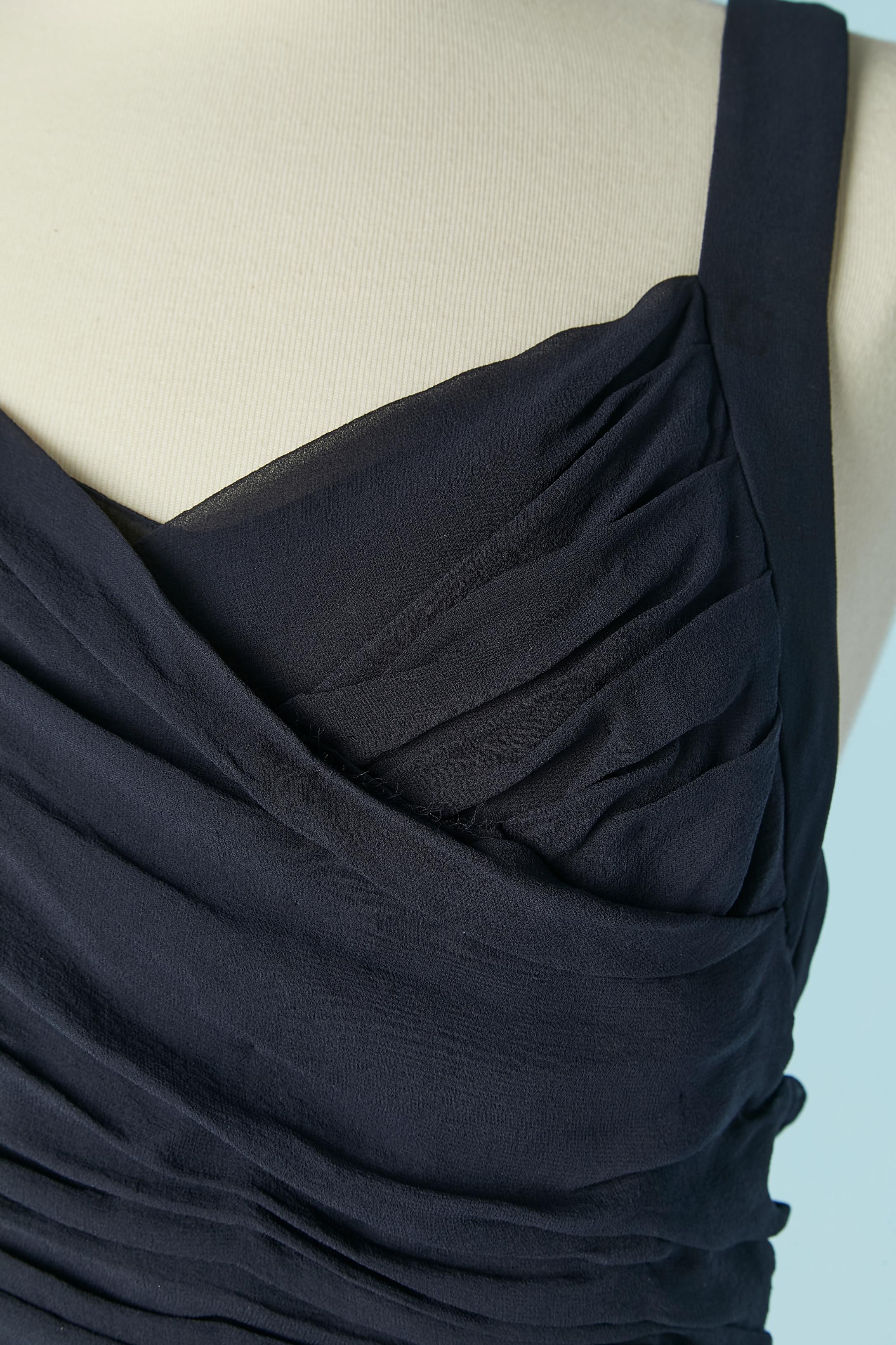 Navy blue silk chiffon cocktail dress pleated, draped and top-stitched. Invisible zip closure on the middle back + hook&eye. 
SIZE 38 on tag but fit more likely 34/ XS 