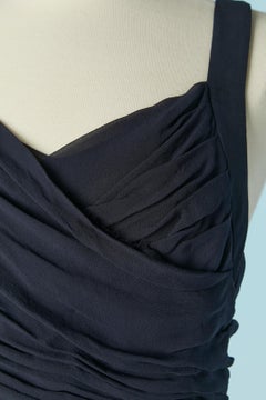 Navy blue silk chiffon cocktail dress pleated and top-stitched CHANEL
