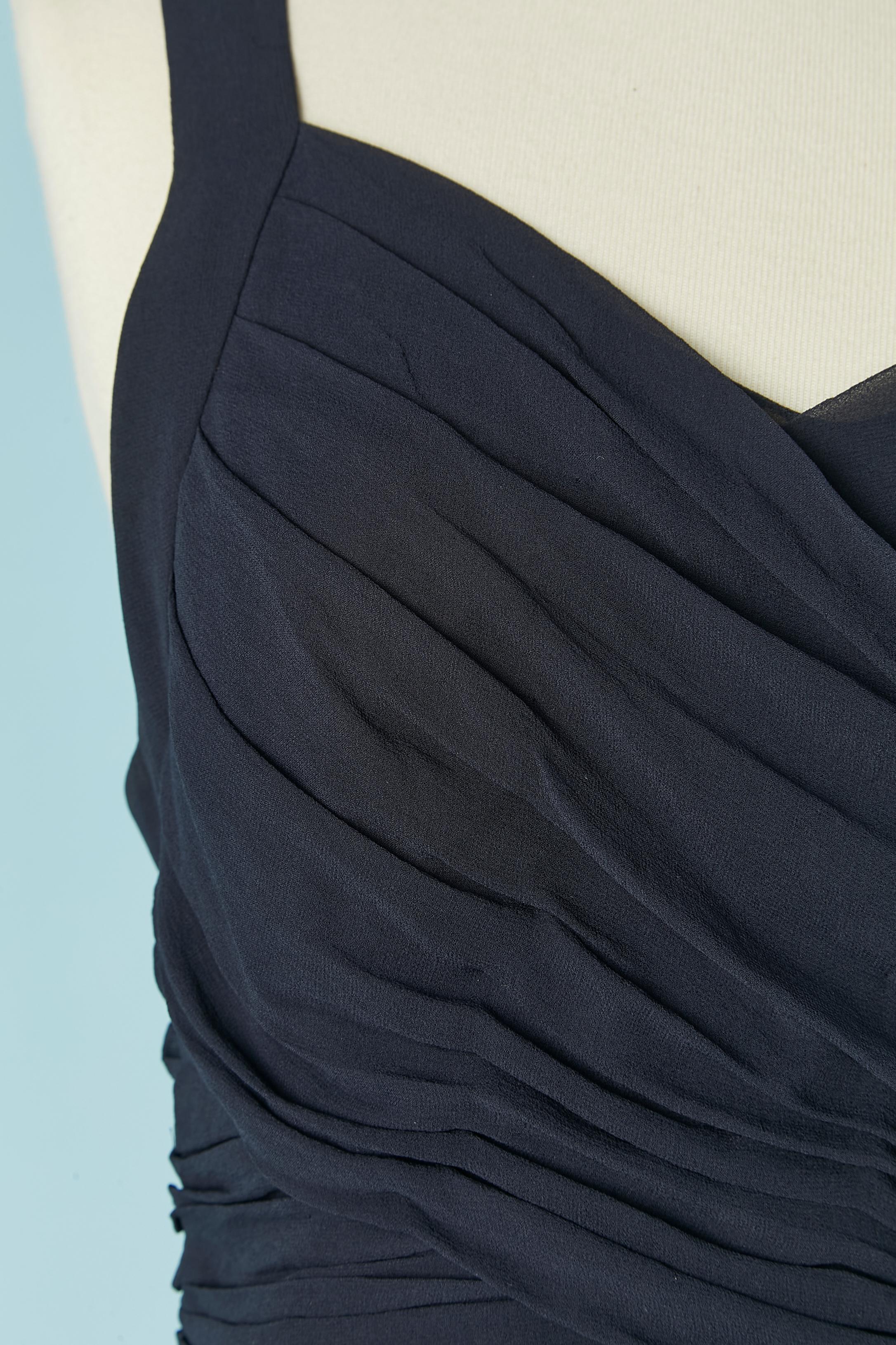 Black Navy blue silk chiffon cocktail dress pleated and top-stitched CHANEL For Sale