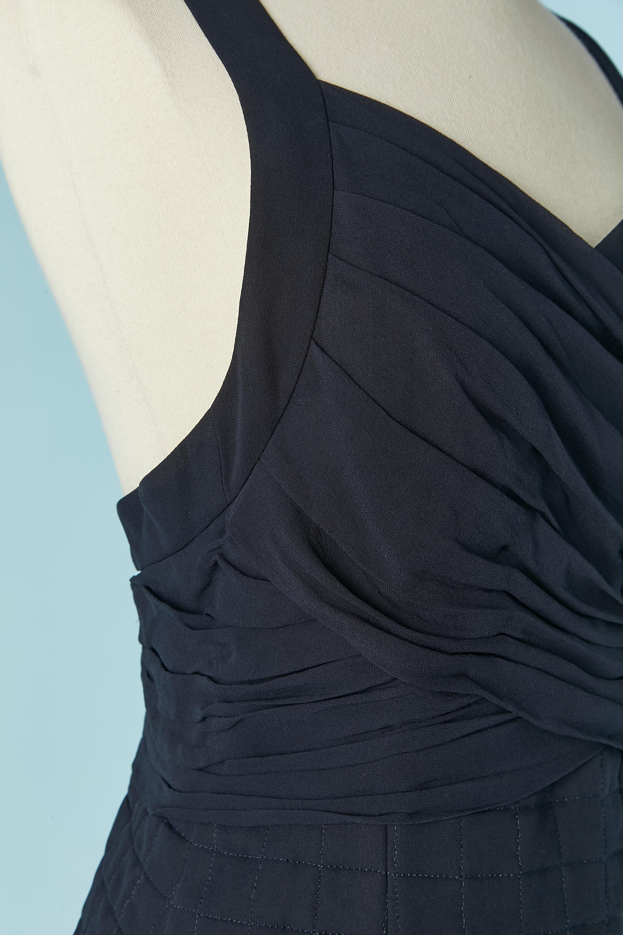 Navy blue silk chiffon cocktail dress pleated and top-stitched CHANEL For Sale 1
