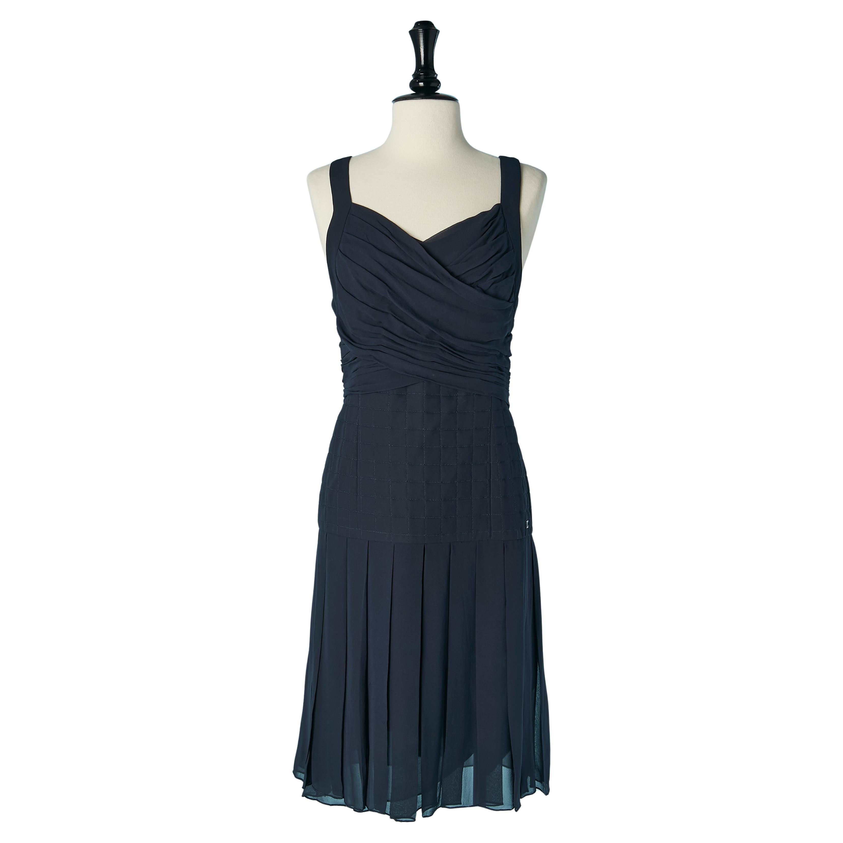 Navy blue silk chiffon cocktail dress pleated and top-stitched CHANEL For Sale