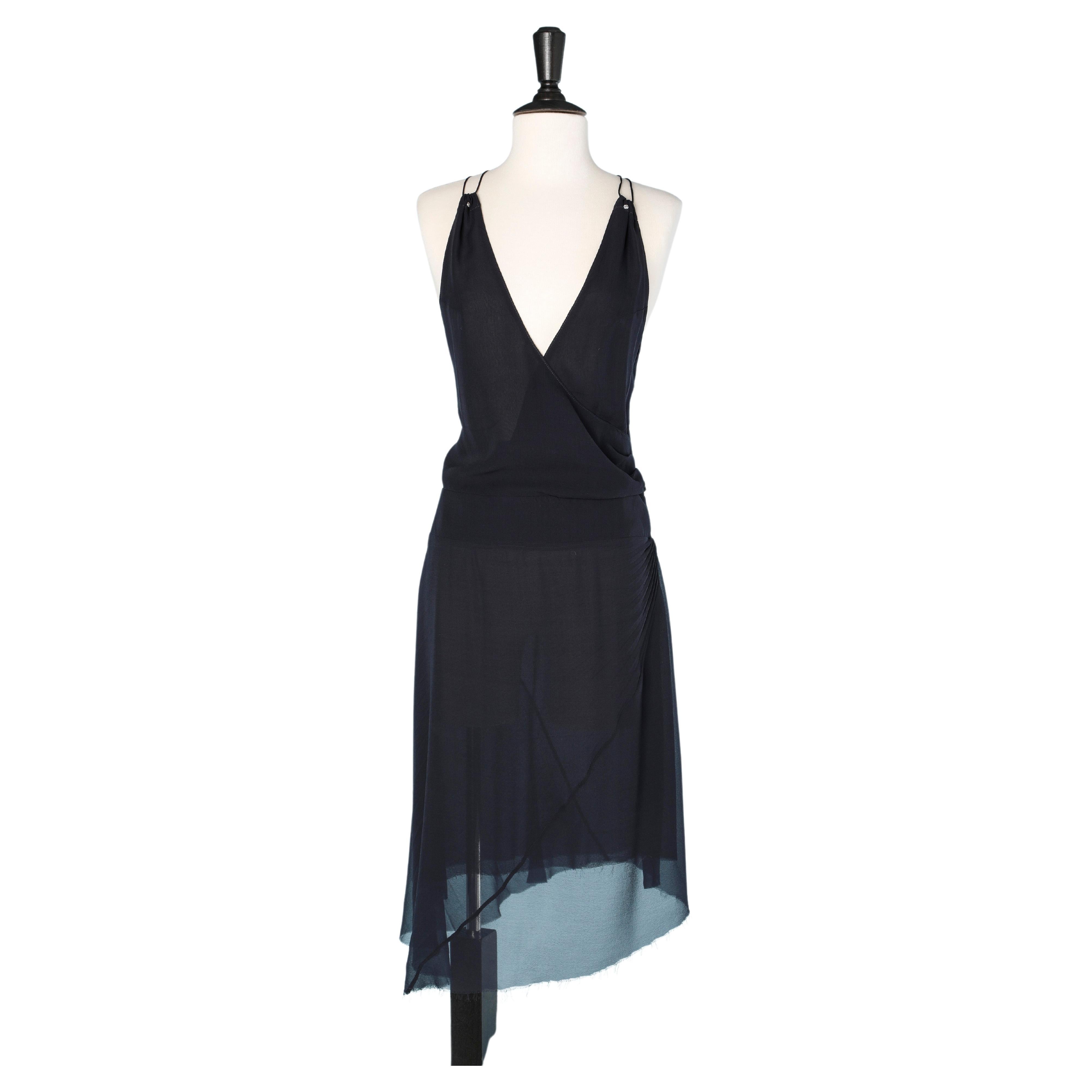 Navy blue silk chiffon dress wrapped on the front Patrizia PEPE For Sale