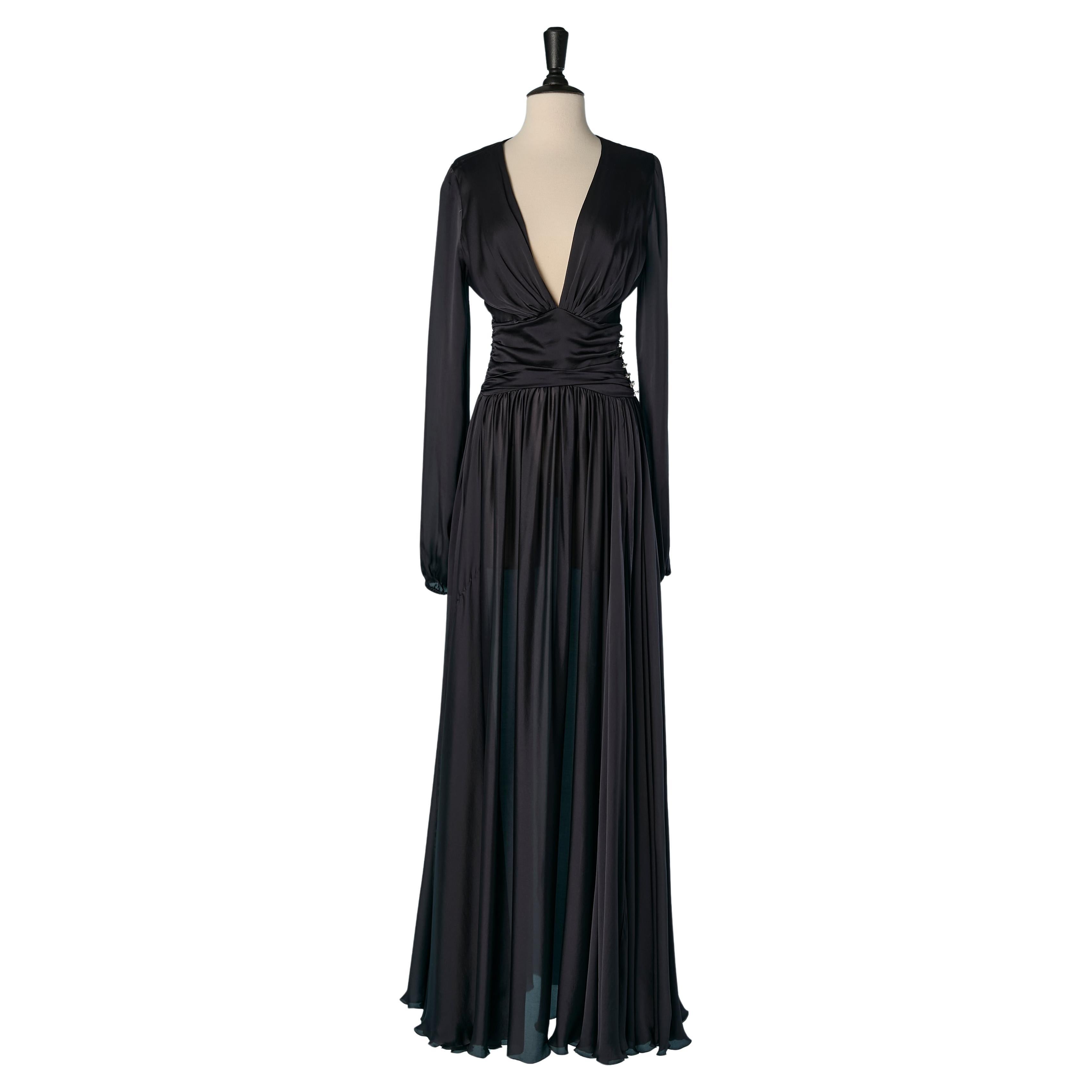 Navy blue silk evening dress with deep V neckline ALEXANDRE VAUTHIER For Sale