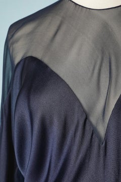 Navy blue silk evening dress with see-through shoulders and belt Halston