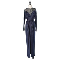Navy blue silk evening dress with see-through shoulders and belt Halston