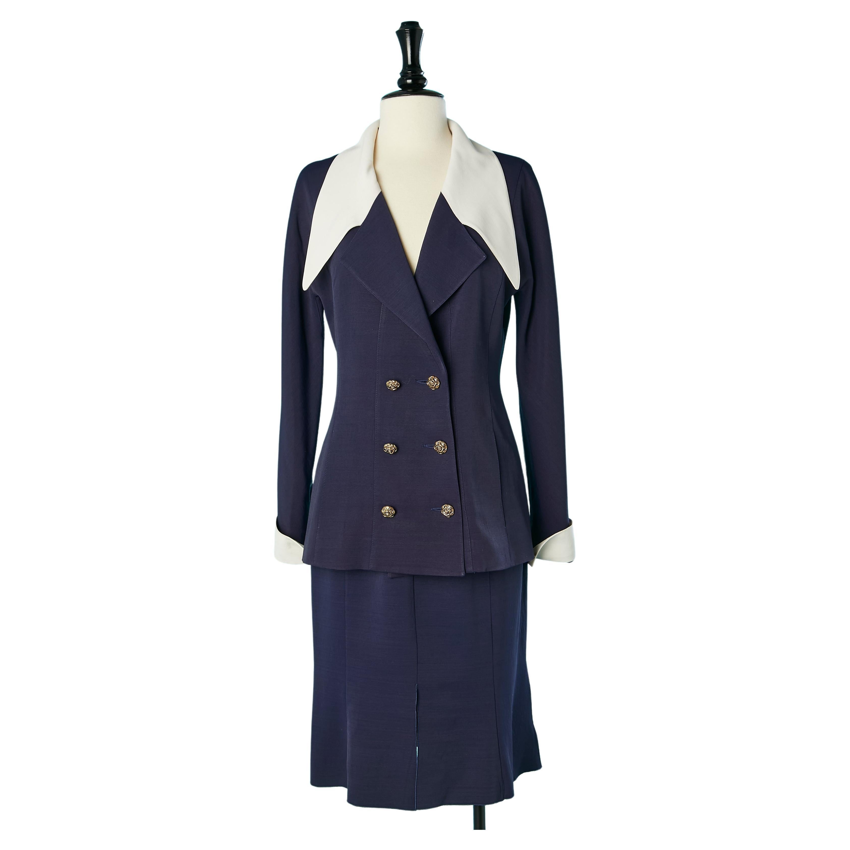 Navy blue skirt suit with white details Karl Lagerfeld for Bergdorf Goodman  For Sale