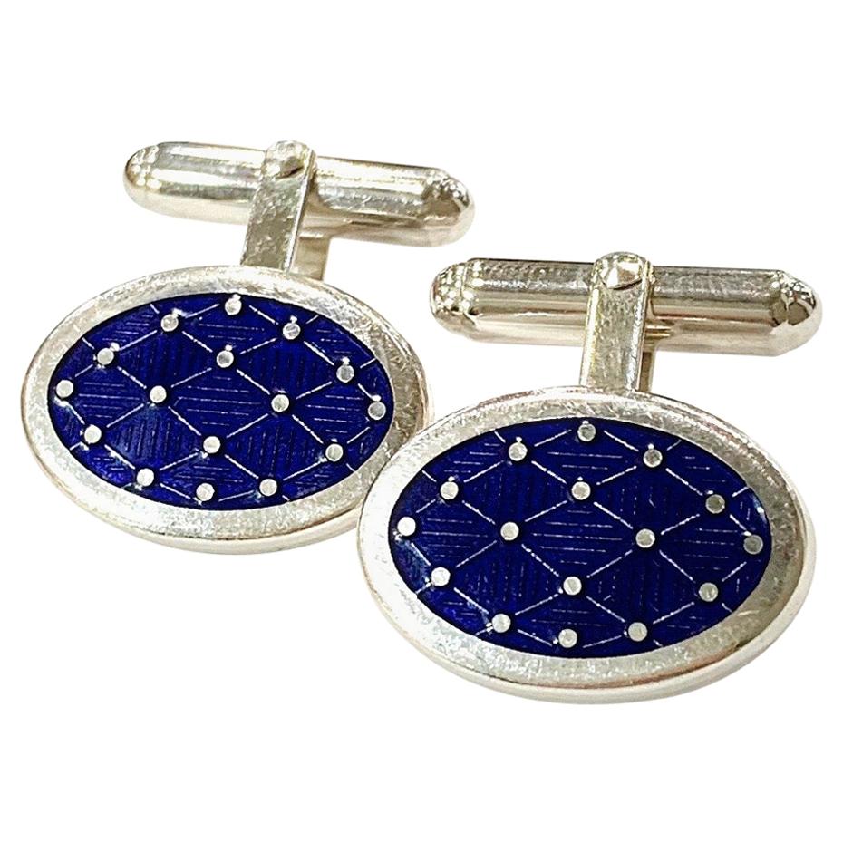 Navy Blue Solid Silver and Enamel Hinged Cufflinks For Sale at 1stDibs