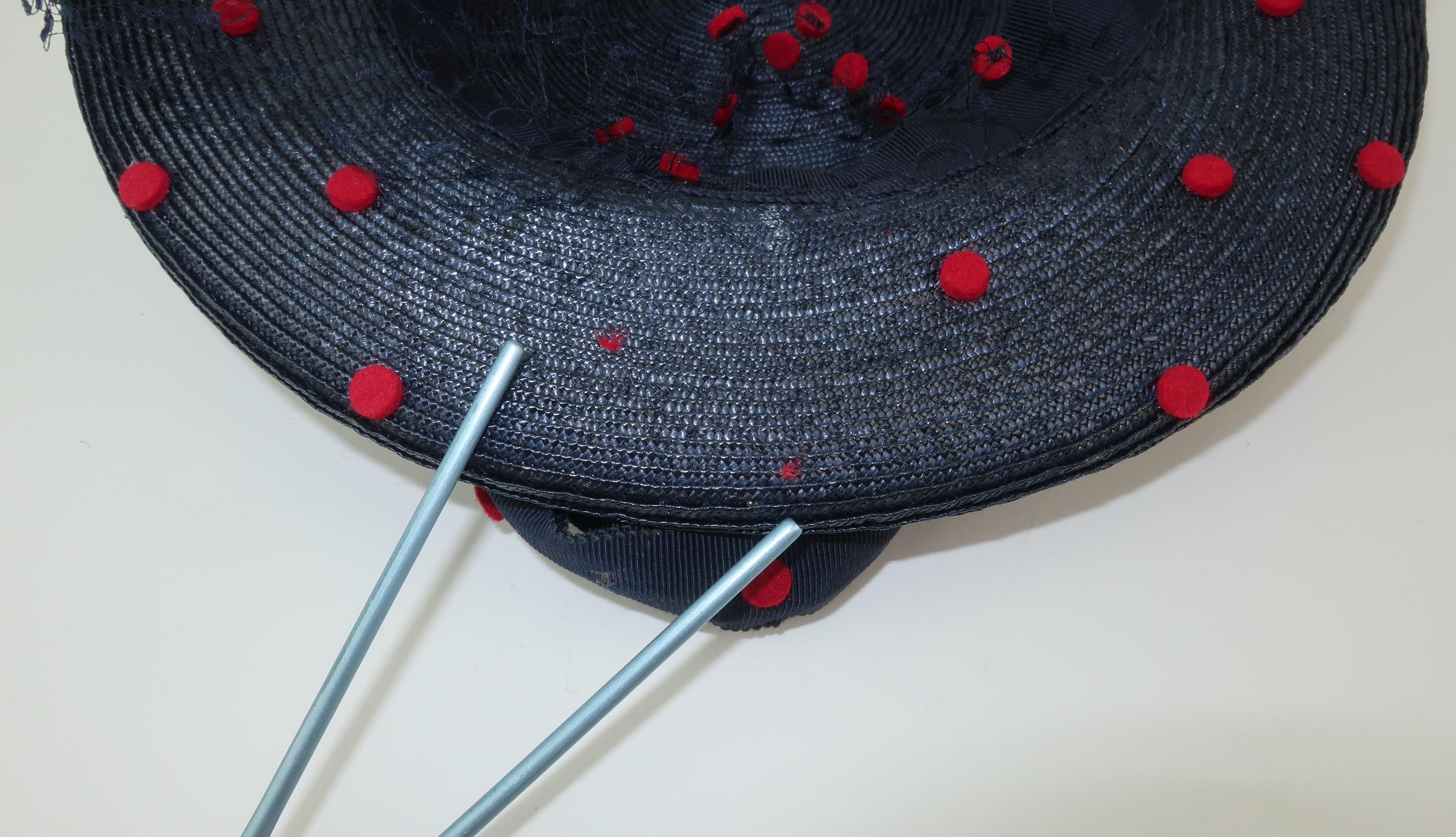 Navy Blue & Red Polka Dot Straw Hat, C.1950 2