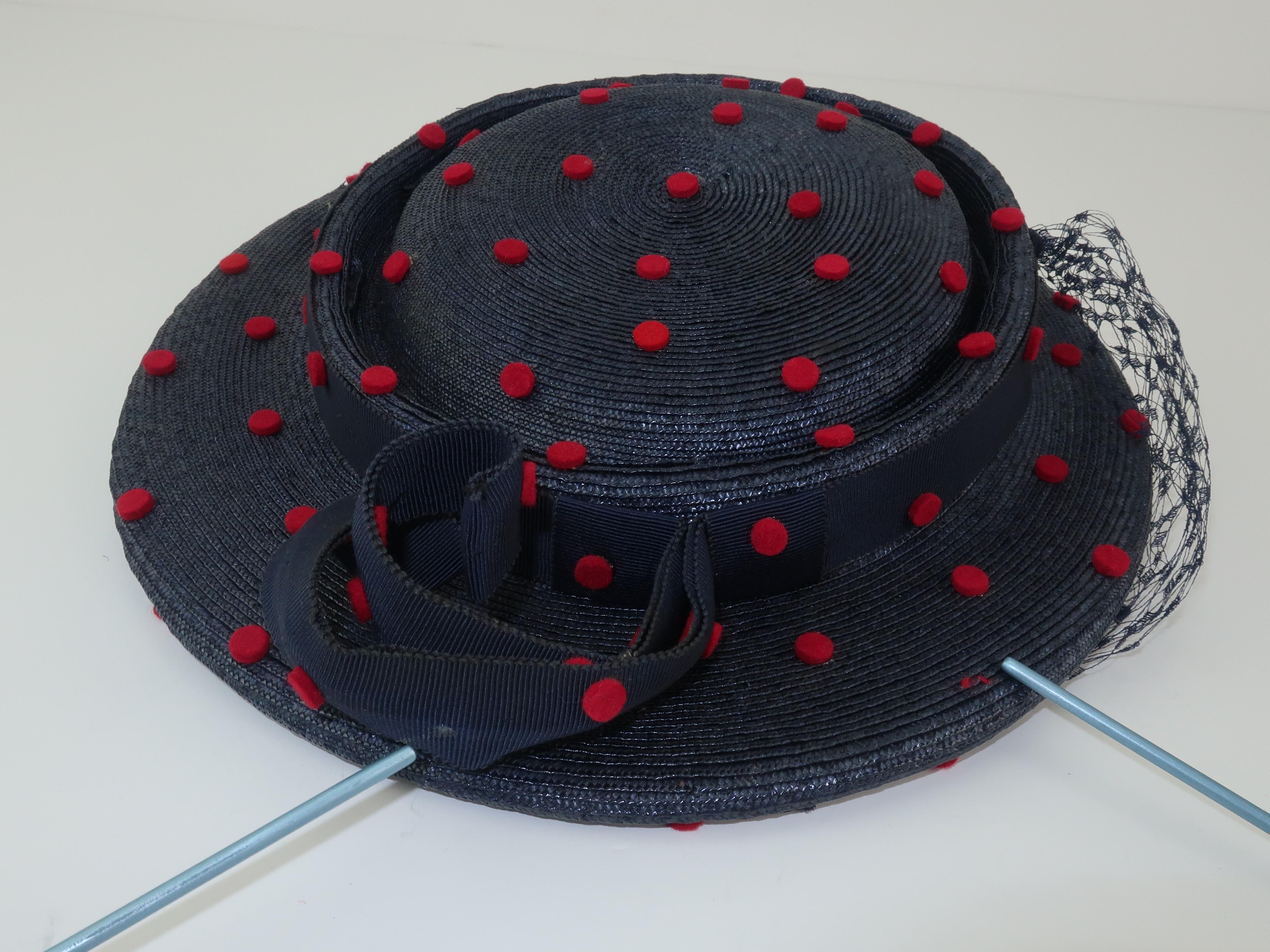Navy Blue & Red Polka Dot Straw Hat, C.1950 3