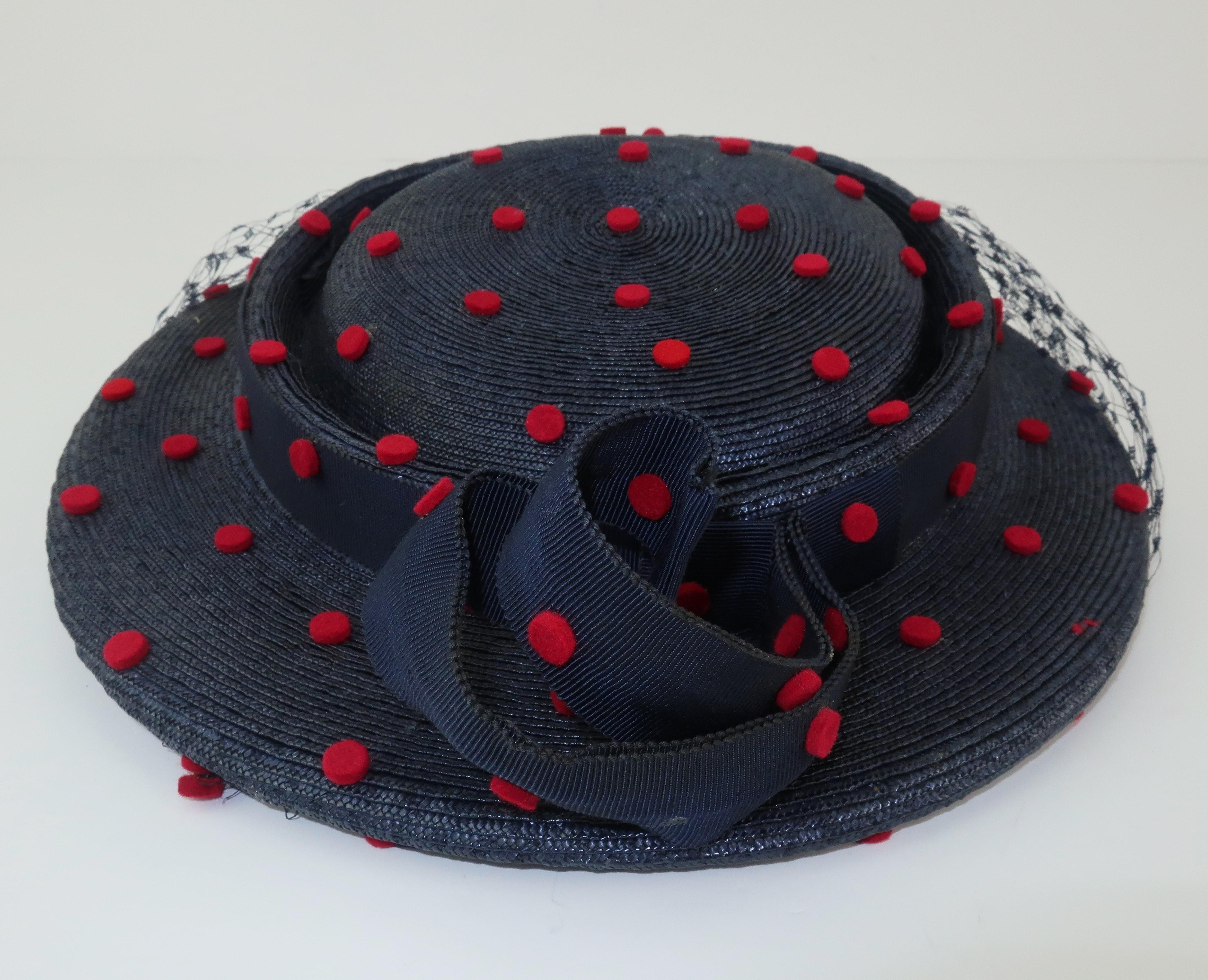 Black Navy Blue & Red Polka Dot Straw Hat, C.1950