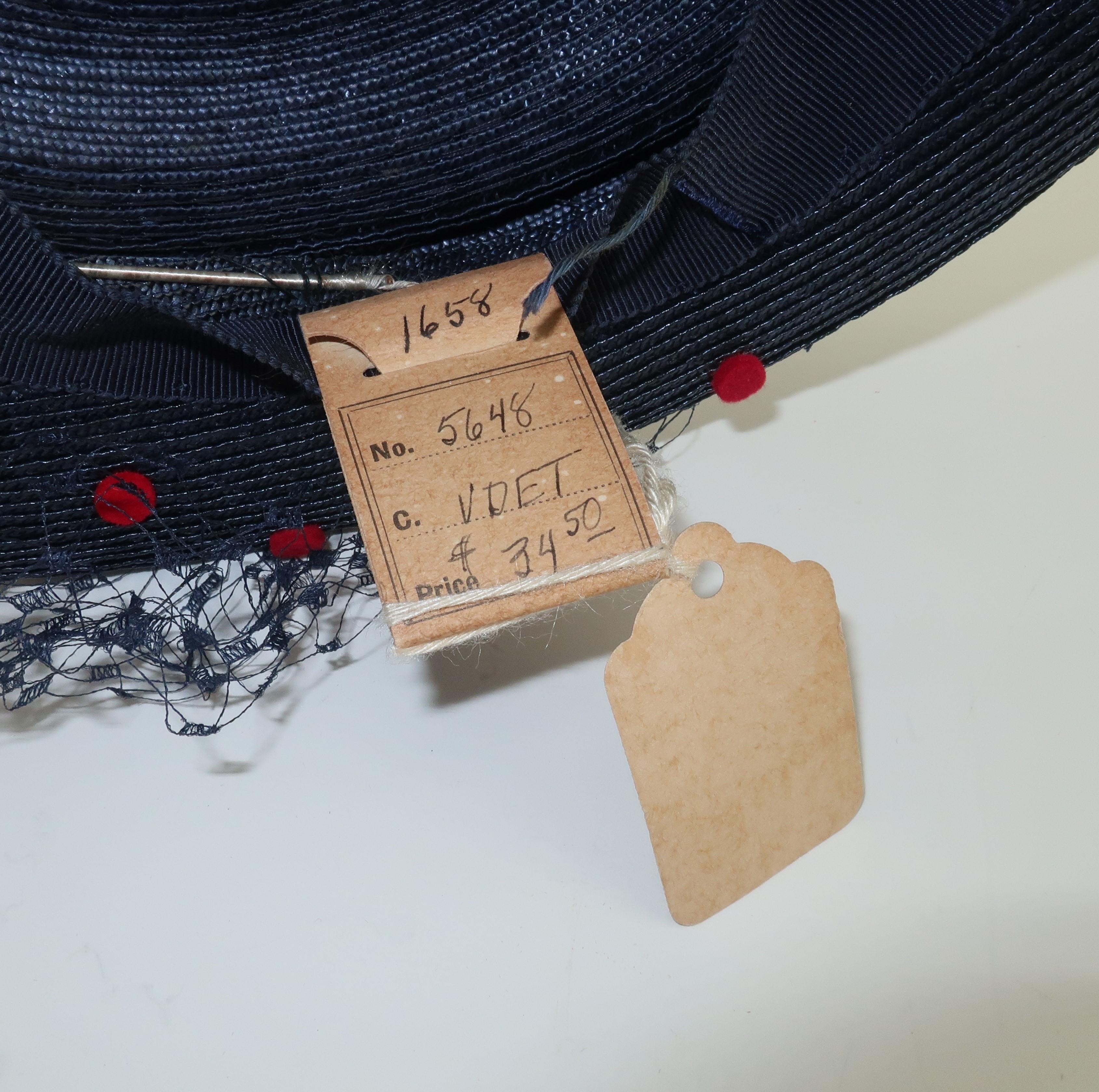 Women's Navy Blue & Red Polka Dot Straw Hat, C.1950