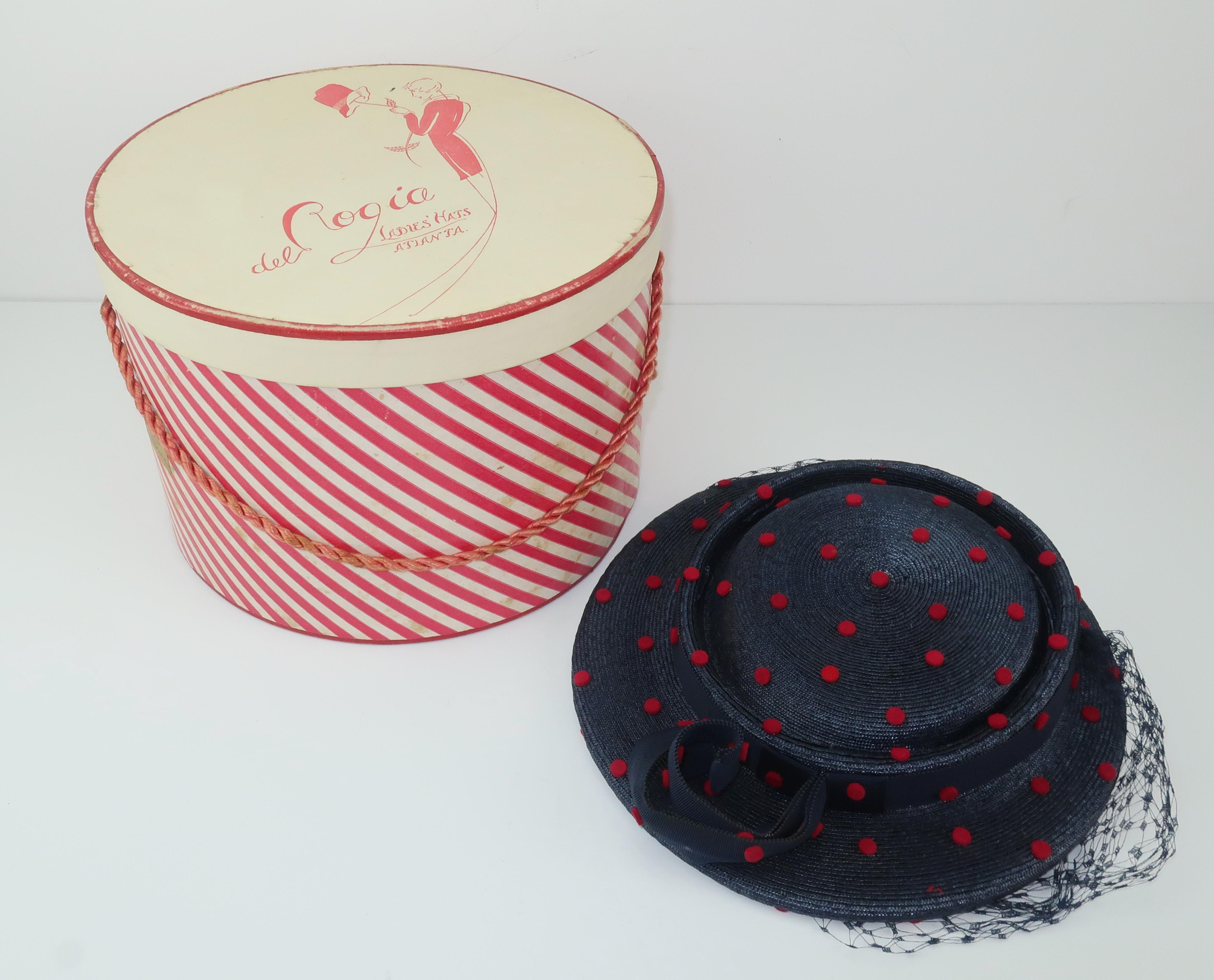 Navy Blue & Red Polka Dot Straw Hat, C.1950 1